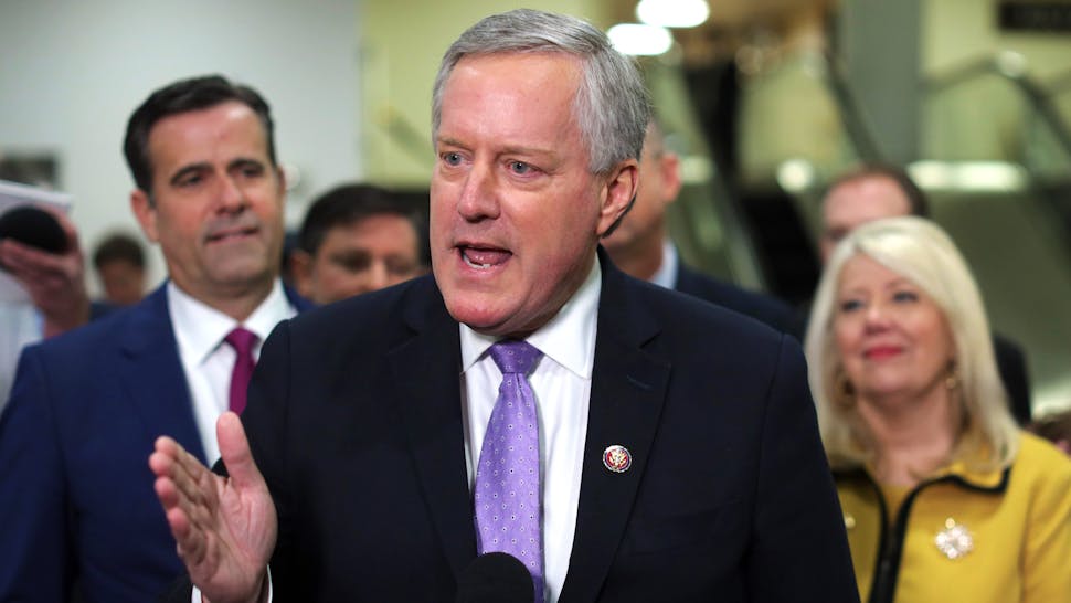 Senate Impeachment Trial Of President Trump Continues WASHINGTON, DC - JANUARY 27: U.S. Rep. Mark Meadows (R-NC) speaks to members of the media as Rep. Mike Johnson (R-LA) and Rep. Debbie Lesko (R-AZ) listen prior to the Senate impeachment trial against President Donald Trump at the U.S. Capitol January 27, 2020 in Washington, DC. The defense team will continue its arguments on day six of the Senate impeachment trial.