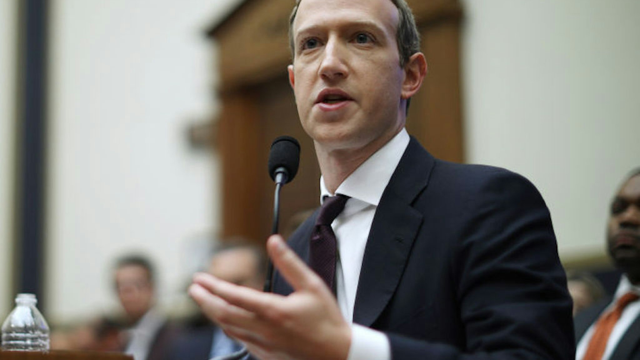 WASHINGTON, DC - OCTOBER 23: Facebook co-founder and CEO Mark Zuckerberg testifies before the House Financial Services Committee in the Rayburn House Office Building on Capitol Hill October 23, 2019 in Washington, DC. Zuckerberg testified about Facebook's proposed cryptocurrency Libra, how his company will handle false and misleading information by political leaders during the 2020 campaign and how it handles its users‚Äô data and privacy.