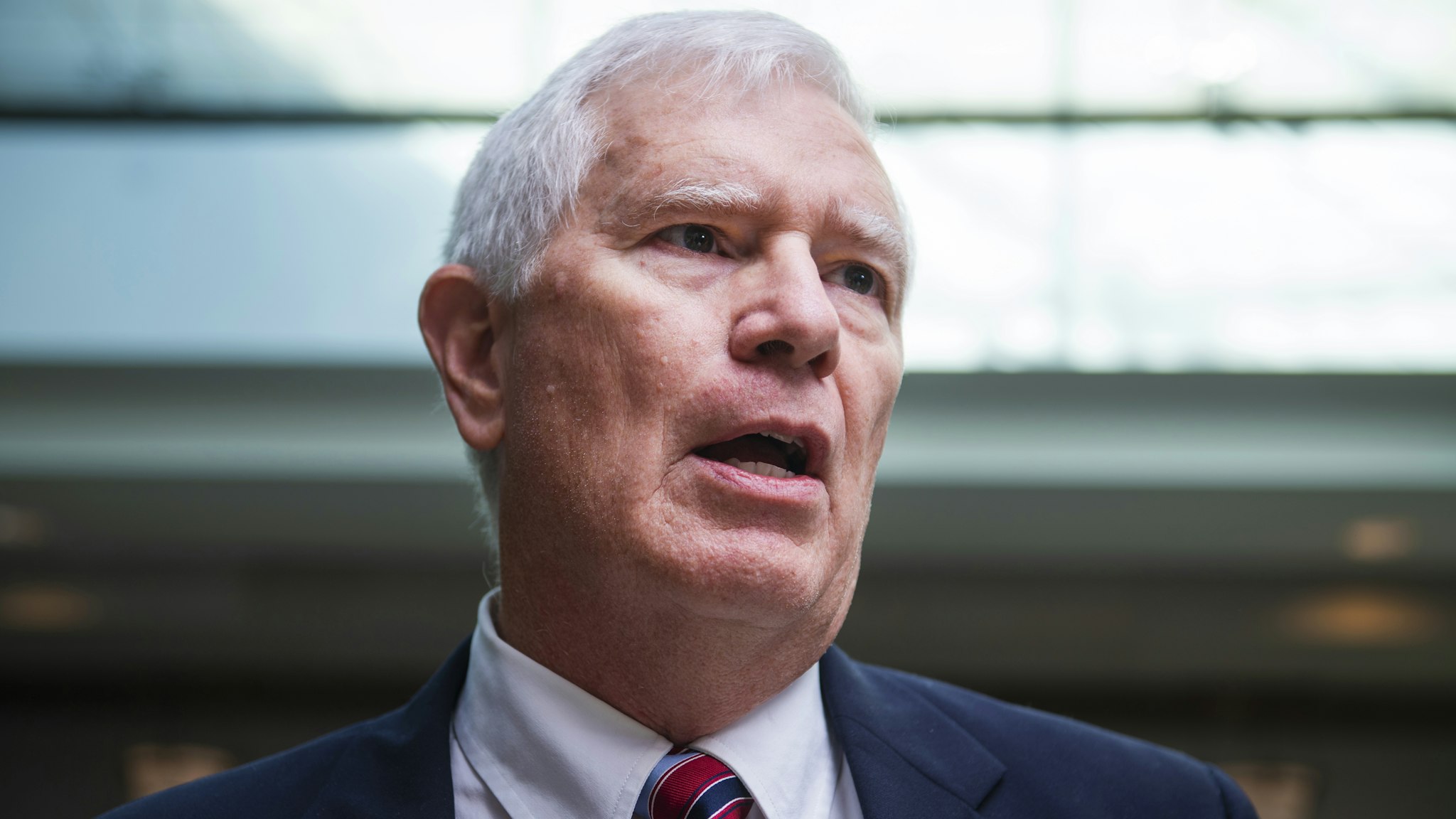 UNITED STATES - OCTOBER 23: Rep. Mo Brooks, R-Ala., talks with reporters in the Capitol Visitor Center outside the Laura Cooper, deputy assistant secretary of defense, deposition related to the House's impeachment inquiry on Wednesday, October 23, 2019. The Republican members were calling for access to the deposition.