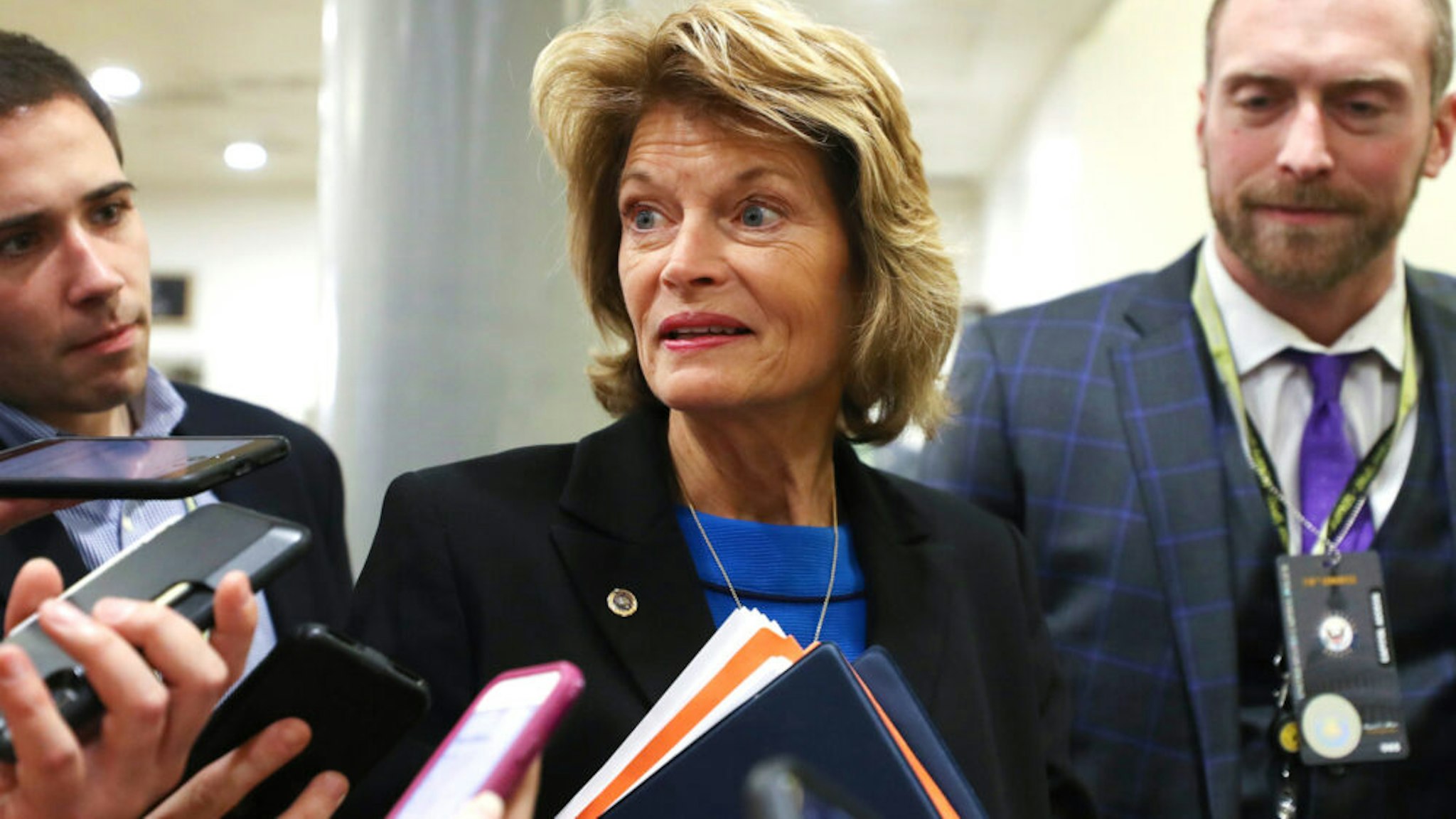 WASHINGTON, DC - JANUARY 29: Sen. Lisa Murkowski (R-AK) speaks to reporters as she arrives for the continuation of the Senate impeachment trial of President Donald Trump at the U.S. Capitol on January 29, 2020 in Washington, DC. The next phase of the trial, in which senators will be allowed to ask written questions, will extend into tomorrow.