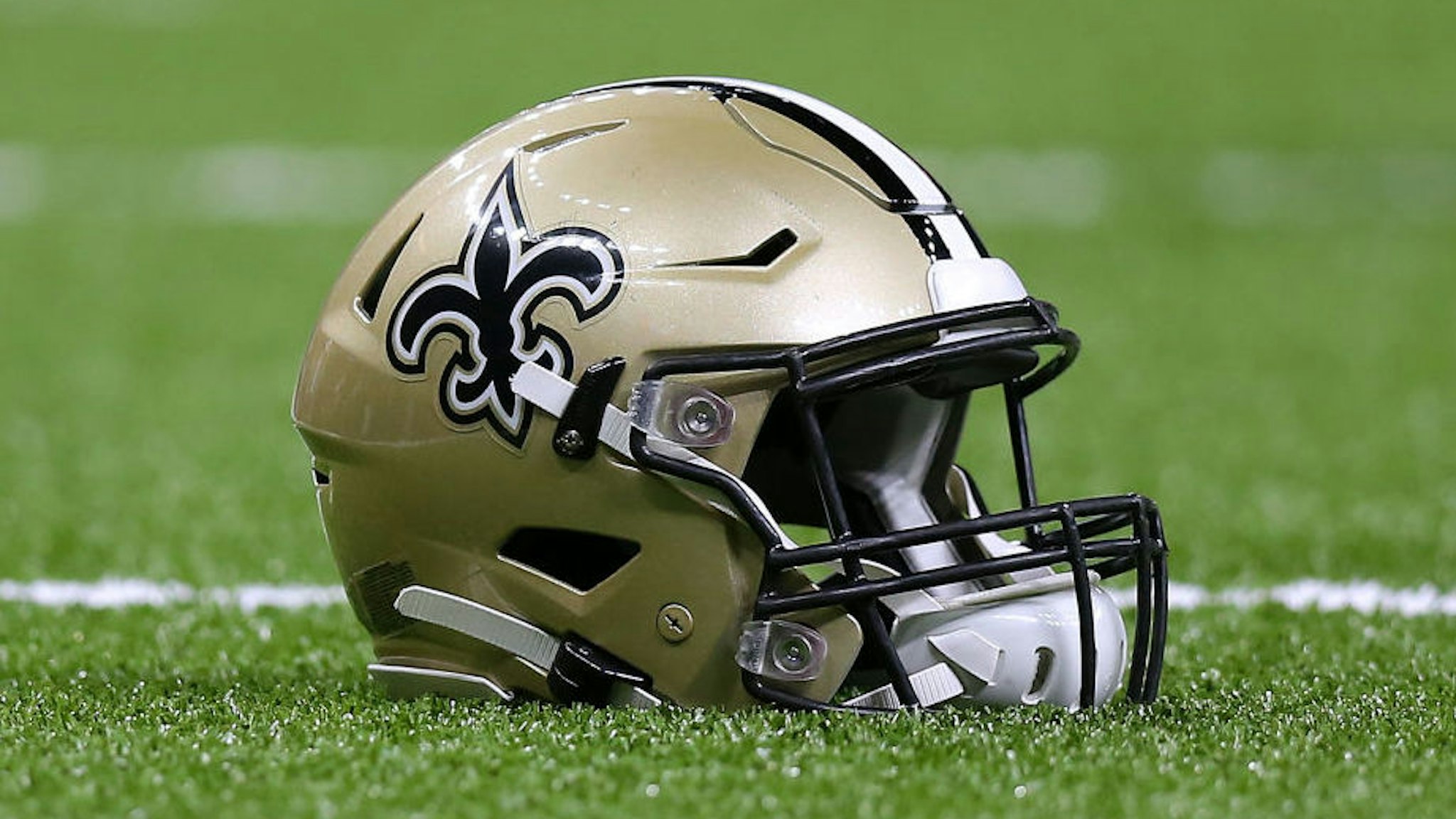 NEW ORLEANS, LOUISIANA - AUGUST 29: A New Orleans Saints helmet is pictured during an NFL preseason game at the Mercedes Benz Superdome on August 29, 2019 in New Orleans, Louisiana.