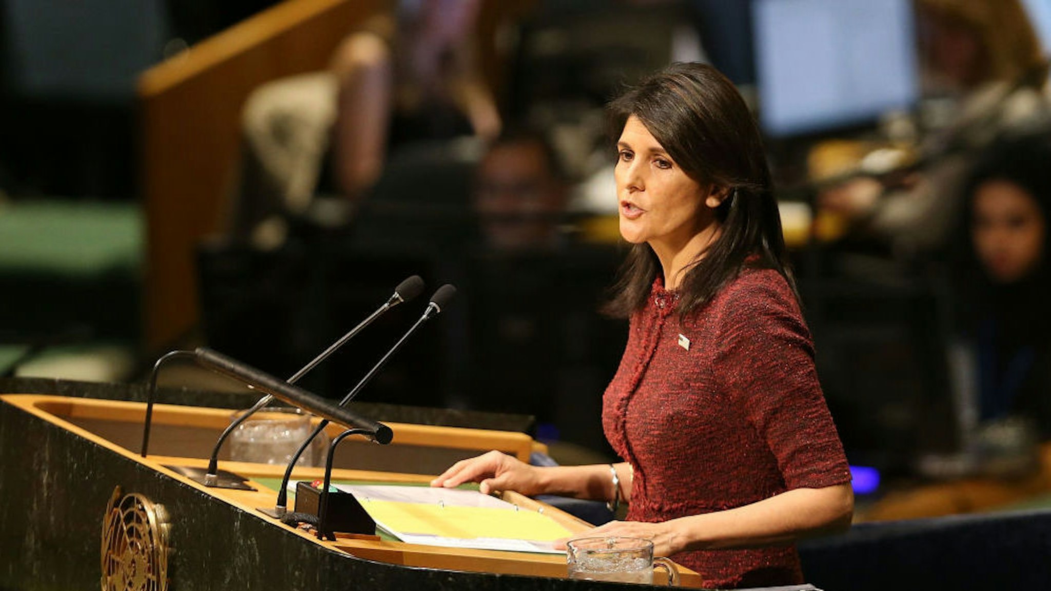 Nikki Haley, United States Ambassador to the United Nations, speaks on the floor of the General Assembly on December 21, 2017 in New York City. A vote is scheduled at the United Nations General Assembly today concerning Washington's decision to recognize Jerusalem as Israel's capital and relocate its embassy there. The US, which alone vetoed a resolution put to the Security Council on the move to Jerusalem, cannot veto General Assembly motions, which require a simple majority to be adopted. The Trump administration has threatened to take action against any country that votes against the United States decision to move its embassy. (Photo by Spencer Platt/Getty Images)