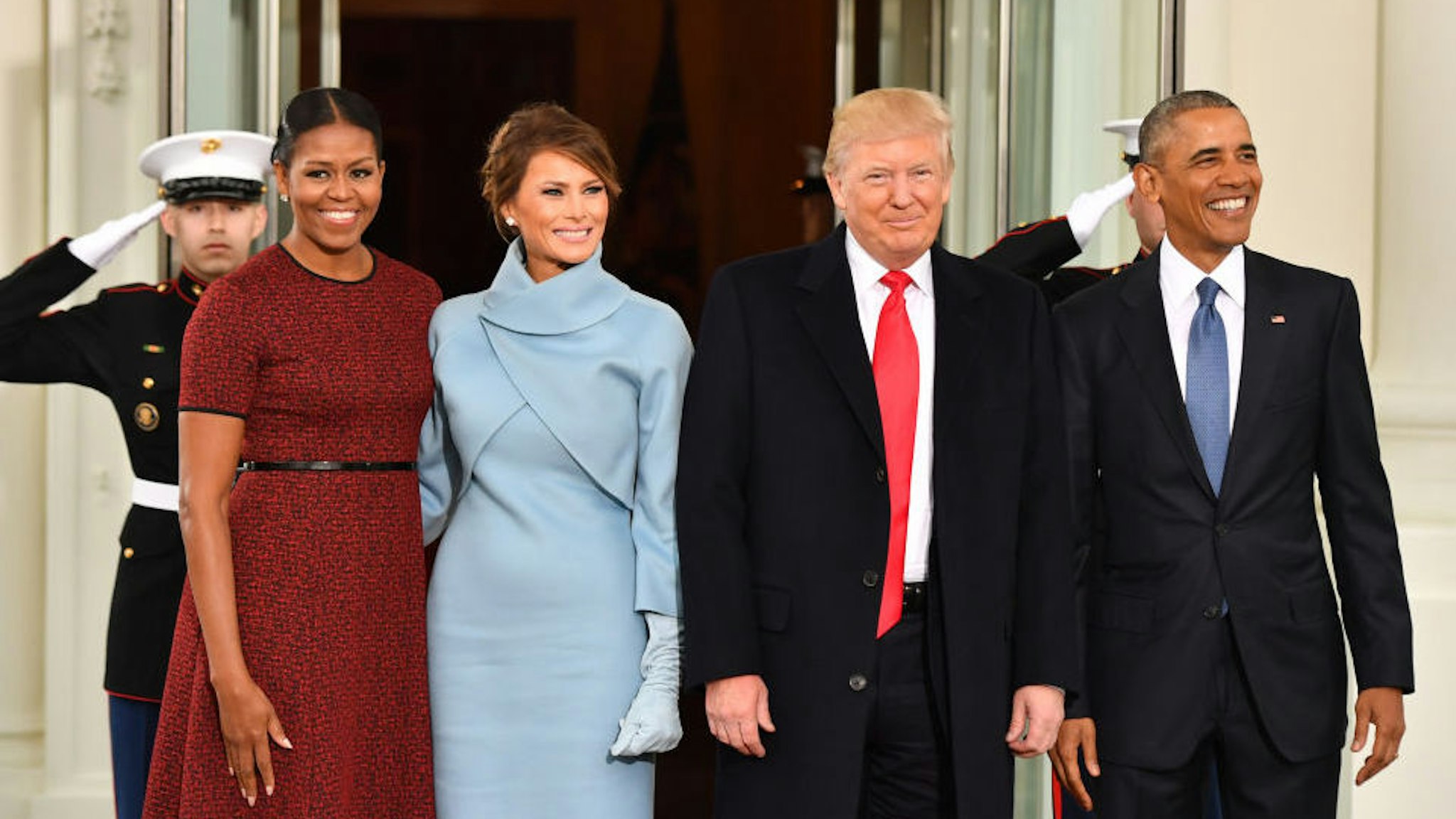 U.S. President Barack Obama, from right, U.S. President-elect Donald Trump, U.S. First Lady-elect Melania Trump, and U.S. First Lady Michelle Obama stand for a photograph outside of the White House ahead of the 58th presidential inauguration in Washington, D.C., U.S., on Friday, Jan. 20, 2017. Sunday, January 20, 2019, marks the second anniversary of U.S. President Donald Trump's inauguration. Our editors select the best archive images looking back over Trump’s second year in office. Photographer: Kevin Dietsch/Pool via Bloomberg