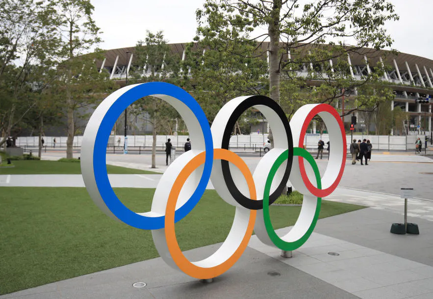 A general view of Olympic Rings outside The Olympic Stadium in Tokyo, Japan.