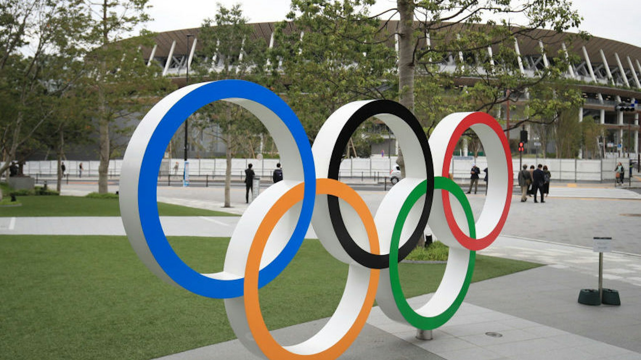 A general view of Olympic Rings outside The Olympic Stadium in Tokyo, Japan.