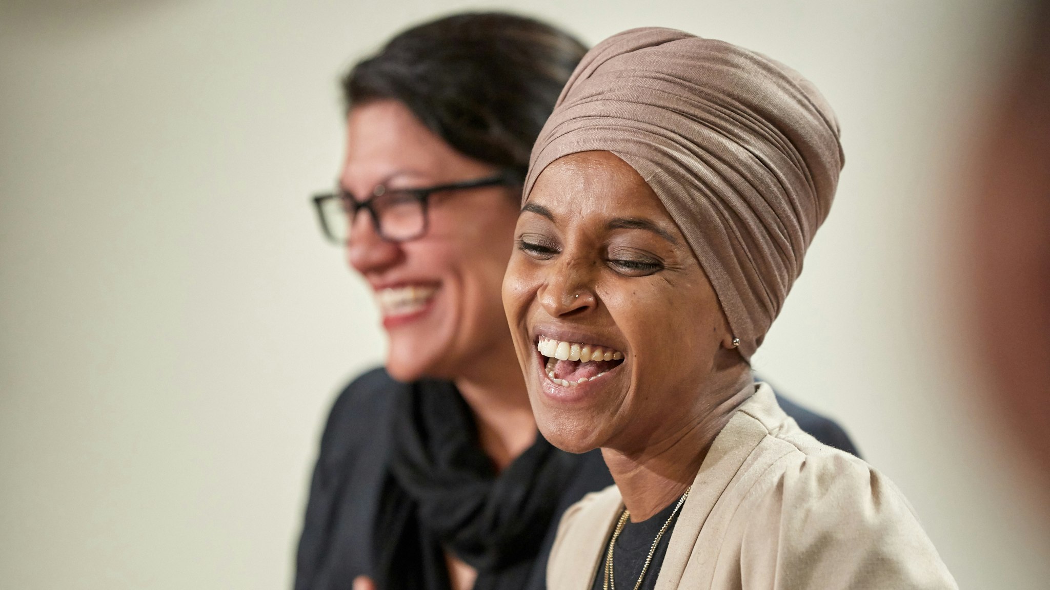 ST PAUL, MN - AUGUST 19: U.S. Reps. Ilhan Omar (D-MN) and Rashida Tlaib (D-MI) hold a news conference on August 19, 2019 in St. Paul, Minnesota. Israeli Prime Minister Benjamin Netanyahu blocked a planned trip by Omar and Tlaib to visit Israel and Palestine citing their support for the boycott, divestment, and sanctions (BDS) movement against Israel.
