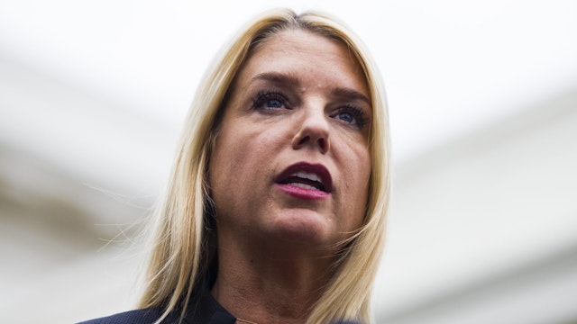 Pam Bondi, Florida attorney general, speaks during a press conference following a meeting with U.S. President Donald Trump, not pictured, on school safety at the White House in Washington, D.C., U.S., on Thursday, Feb. 22, 2018. Trump called for paying bonuses to teachers who carry guns in the classroom, embracing a controversial proposal to curb school shootings hours after offering a full-throated endorsement of the National Rifle Association.