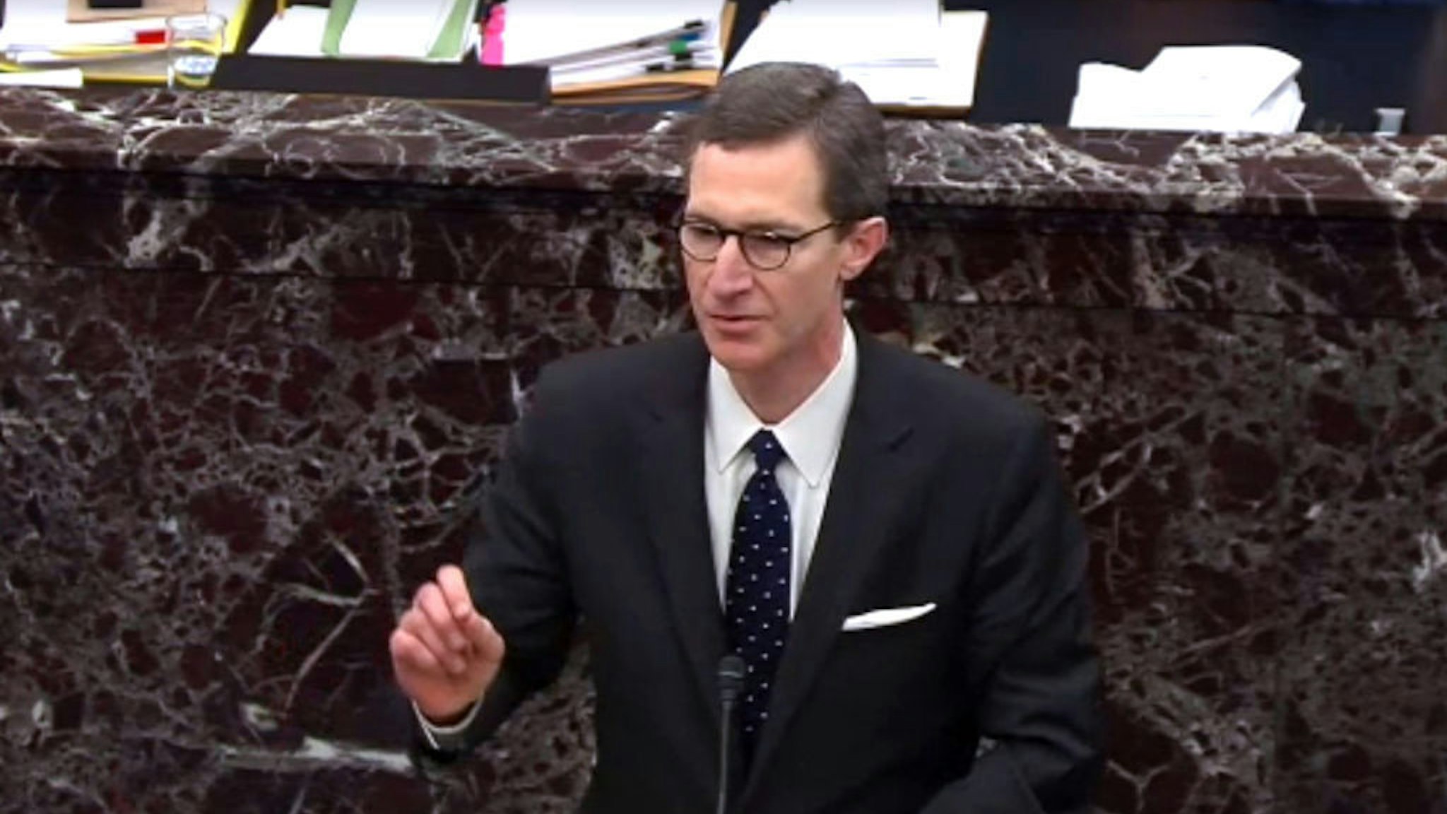 In this screengrab taken from a Senate Television webcast, XXX speaks during impeachment proceedings against U.S. President Donald Trump in the Senate at the U.S. Capitol on January 25, 2020 in Washington, DC. Democratic House managers concluded their opening arguments on Friday and President Trump’s lawyers will begin presenting their defense. (Photo by Senate Television via Getty Images)