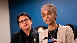 Ilhan Omar and Rashida Tlaib St. Paul, MN-August 19: Rep. Ilhan Omar, with Rep. Rashida Tlaib at her side, spoke at a press conference at the State Capitol. (Photo by Renee Jones Schneider/Star Tribune via Getty Images)