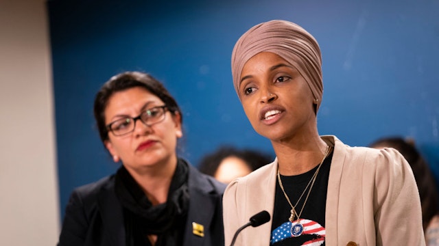 St. Paul, MN-August 19: Rep. Ilhan Omar, with Rep. Rashida Tlaib at her side, spoke at a press conference at the State Capitol. (Photo by Renee Jones Schneider/Star Tribune via Getty Images)