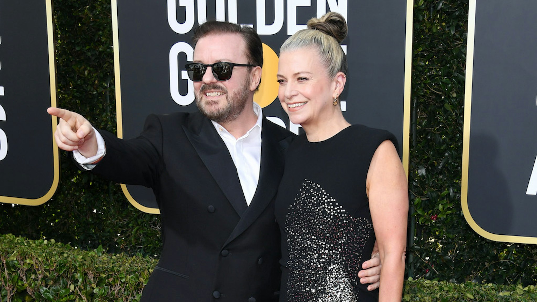 Ricky Gervais and Jane Fallon attend the 77th Annual Golden Globe Awards at The Beverly Hilton Hotel on January 05, 2020 in Beverly Hills, California. (Photo by Daniele Venturelli/WireImage)