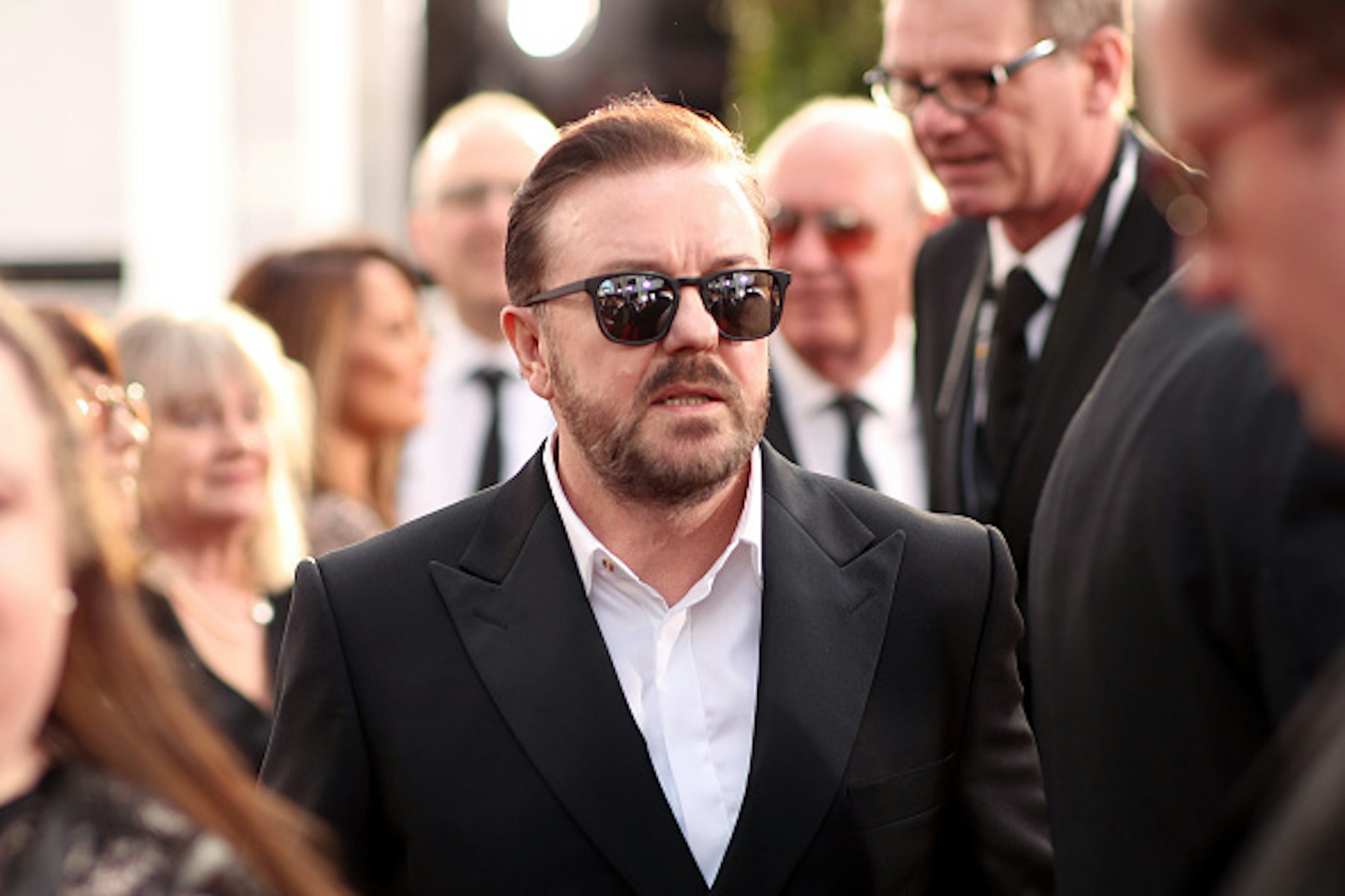 BEVERLY HILLS, CALIFORNIA - JANUARY 05: 77th ANNUAL GOLDEN GLOBE AWARDS -- Pictured: (l-r) Ricky Gervais arrives to the 77th Annual Golden Globe Awards held at the Beverly Hilton Hotel on January 5, 2020. --