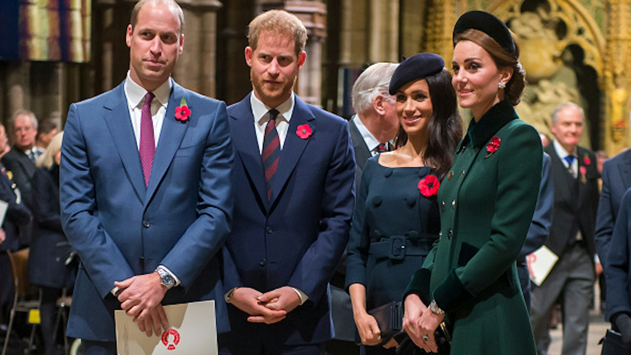 LONDON, ENGLAND - NOVEMBER 11: Prince William, Duke of Cambridge and Catherine, Duchess of Cambridge, Prince Harry, Duke of Sussex and Meghan, Duchess of Sussex attend a service marking the centenary of WW1 armistice at Westminster Abbey on November 11, 2018 in London, England. The armistice ending the First World War between the Allies and Germany was signed at Compiègne, France on eleventh hour of the eleventh day of the eleventh month - 11am on the 11th November 1918. This day is commemorated as Remembrance Day with special attention being paid for this years centenary.