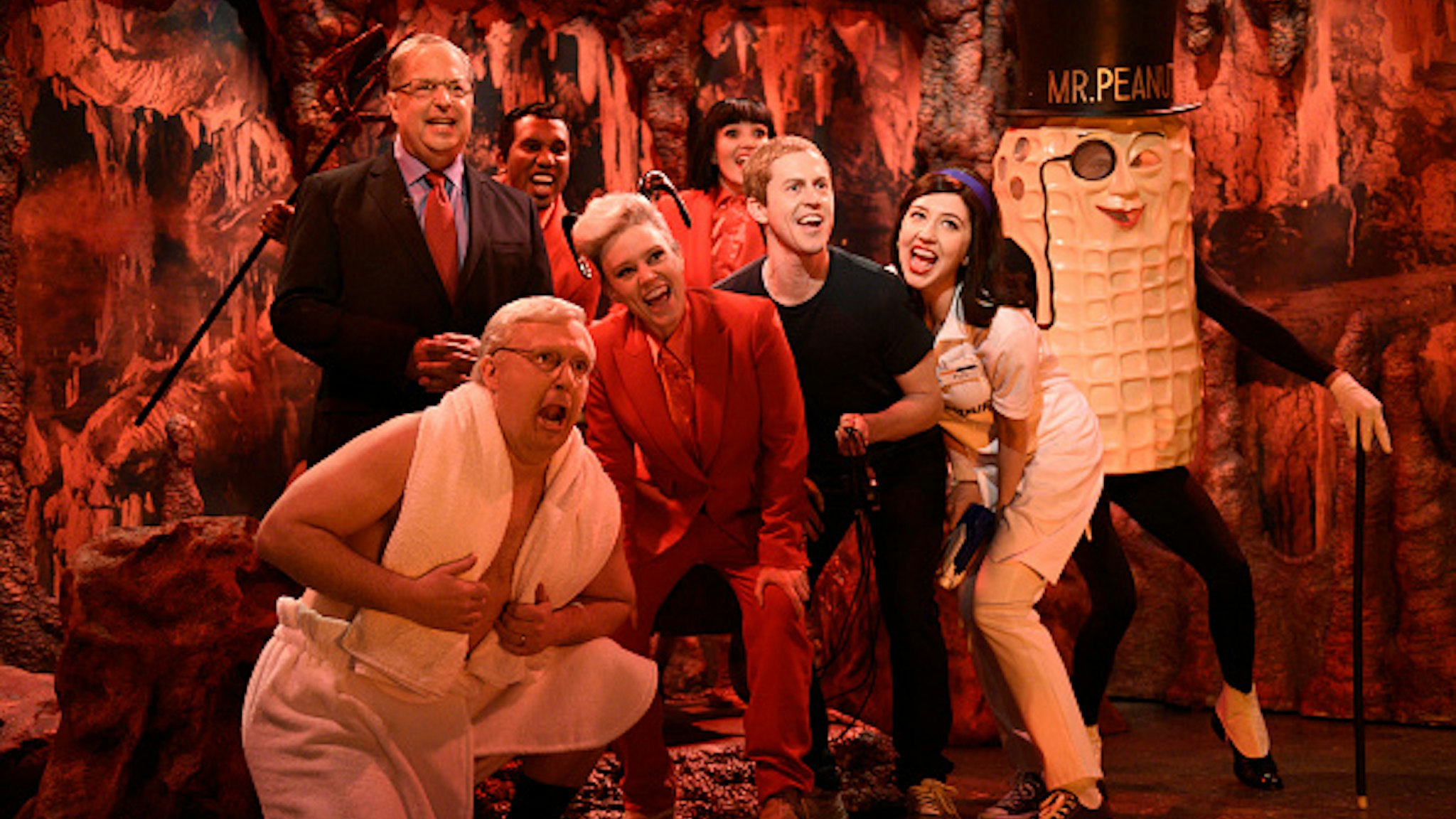 SATURDAY NIGHT LIVE -- "Adam Driver" Episode 1778 -- Pictured: (l-r) Jon Lovitz as Alan Dershowitz, Chris Redd as a demon, Beck Bennett as Mitch McConnell, Kate McKinnon as the Devil, Chloe Fineman as a demon, Alex Moffat as Mark Zuckerberg, Heidi Gardner as Flo, and Mikey Day as Mr. Peanut during the "Dershowitz Argues for Trump" Cold Open on Saturday, January 25, 2020 --