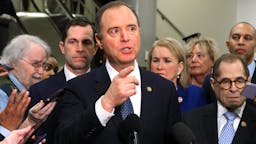 Adam Schiff WASHINGTON, DC - JANUARY 22: House impeachment managers (2nd L-R) Rep. Jason Crow (D-CO), Sen. Adam Schiff (D-CA), Rep. Sylvia Garcia (D-TX), Rep. Zoe Lofgren (D-CA), Rep. Jerrold Nadler (D-NY) and Rep. Hakeem Jeffries (D-NY) talk to reporters before the second day of the Senate impeachment trial of President Donald Trump at the U.S. Capitol January 22, 2020 in Washington, DC. Both the House managers and Trump's defense lawyers were admonished by Chief Justice John Roberts during Tuesday's 13-hour-long session.