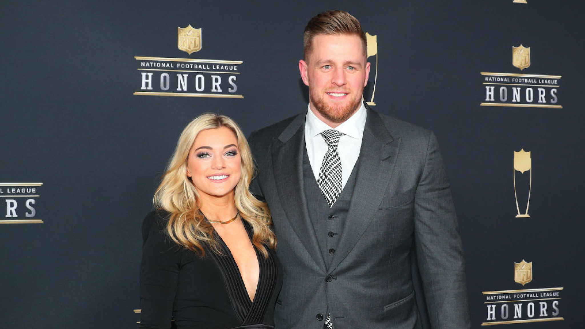 JJ Watt and girlfriend Kealia Ohai pose for Photographs on the Red Carpet at NFL Honors during Super Bowl LII week on February 3, 2018, at Northrop at the University of Minnesota in Minneapolis, MN.