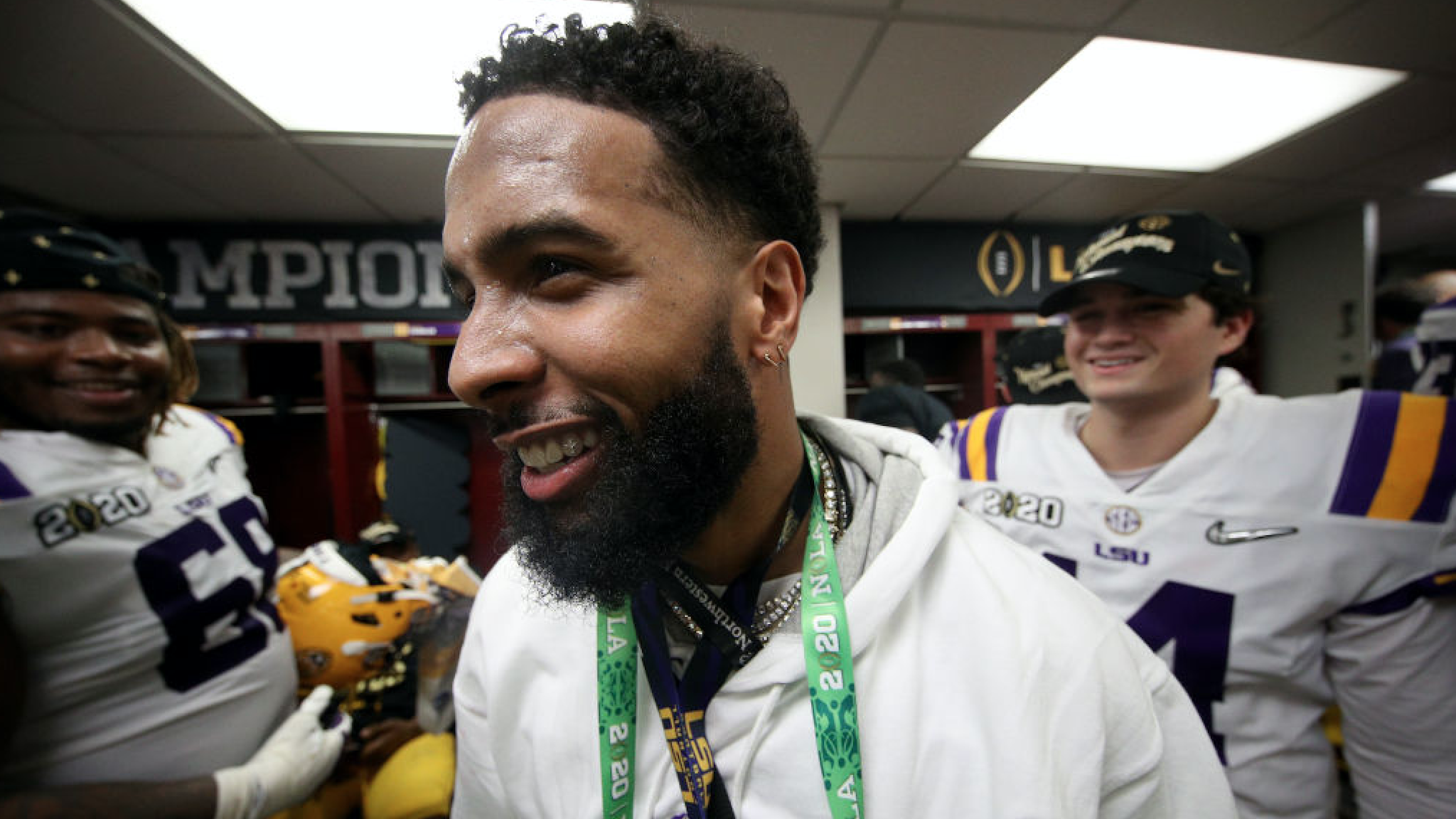 Odell Beckham Jr. celebrates in the locker room the LSU Tigers after their 42-25 win over Clemson Tigers in the College Football Playoff National Championship game at Mercedes Benz Superdome on January 13, 2020 in New Orleans, Louisiana.