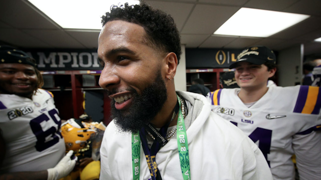 Odell Beckham Jr. celebrates in the locker room the LSU Tigers after their 42-25 win over Clemson Tigers in the College Football Playoff National Championship game at Mercedes Benz Superdome on January 13, 2020 in New Orleans, Louisiana.