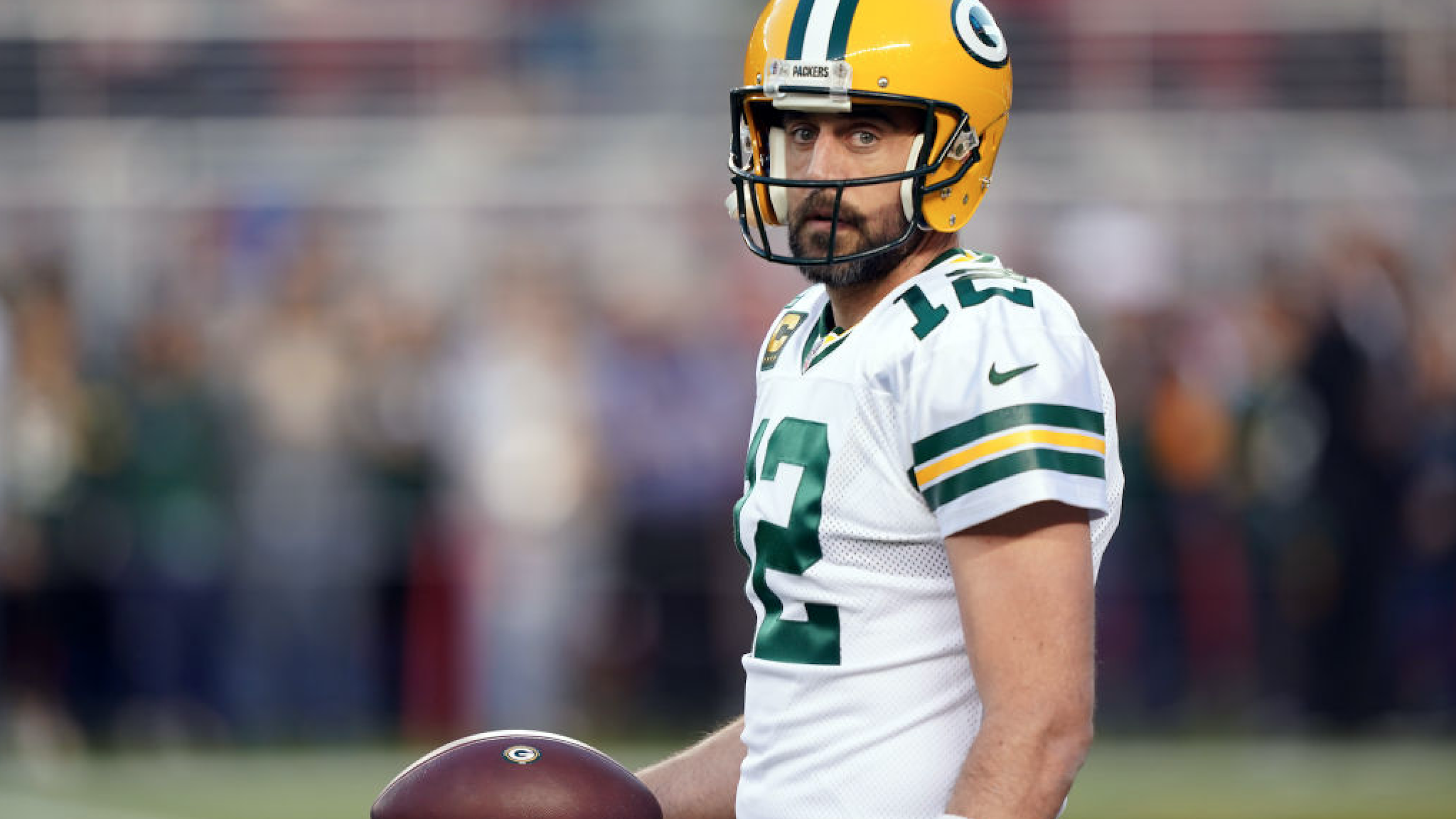 Quarterback Aaron Rodgers #12 of the Green Bay Packers warms up prior to the game against the San Francisco 49ers at Levi's Stadium on November 24, 2019 in Santa Clara, California. (