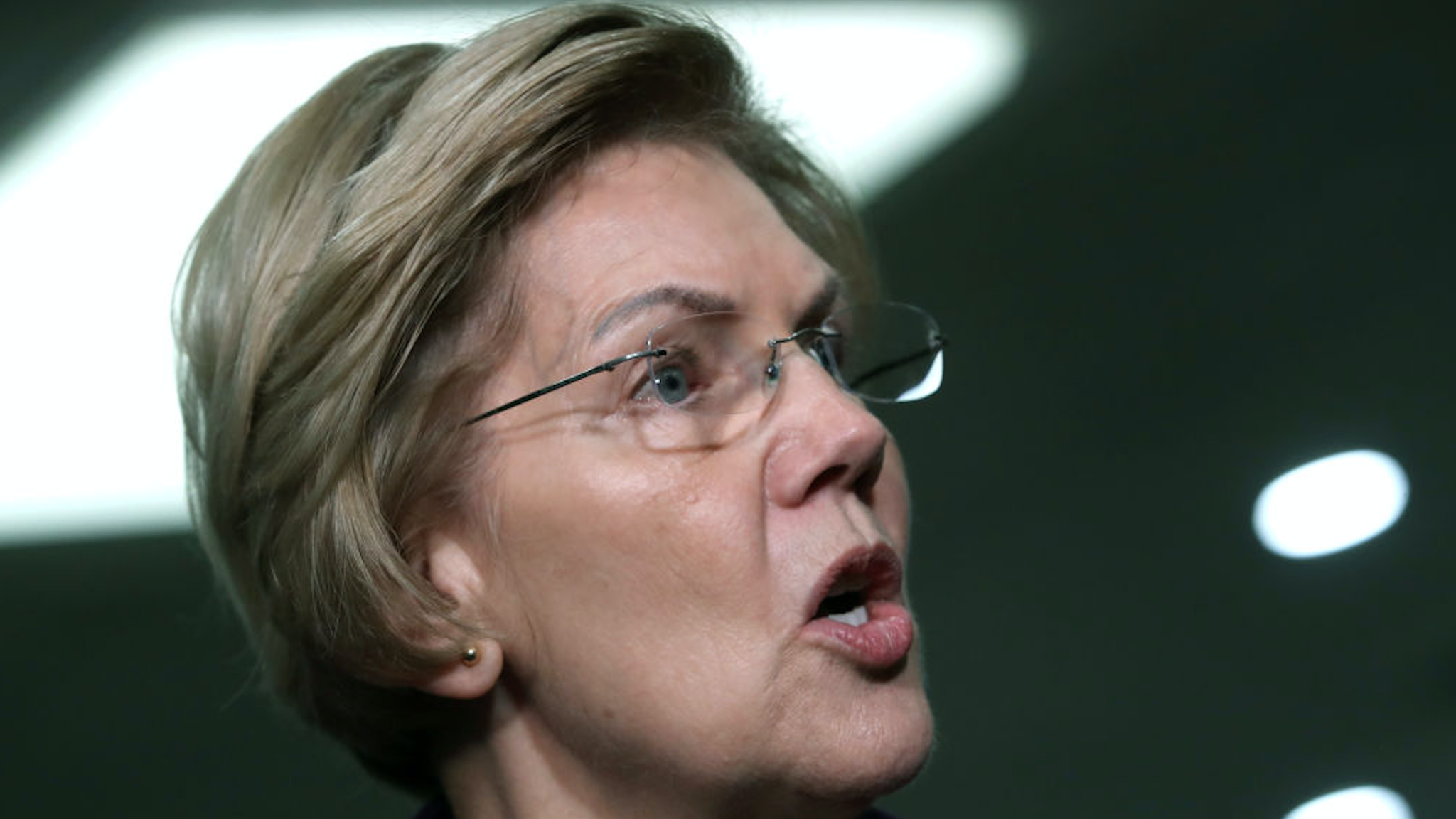 Democratic presidential candidate Sen. Elizabeth Warren (D-MA) speaks to the media as the Senate impeachment trial Of President Donald Trump continues at the U.S. Capitol on January 23, 2020 in Washington, DC.