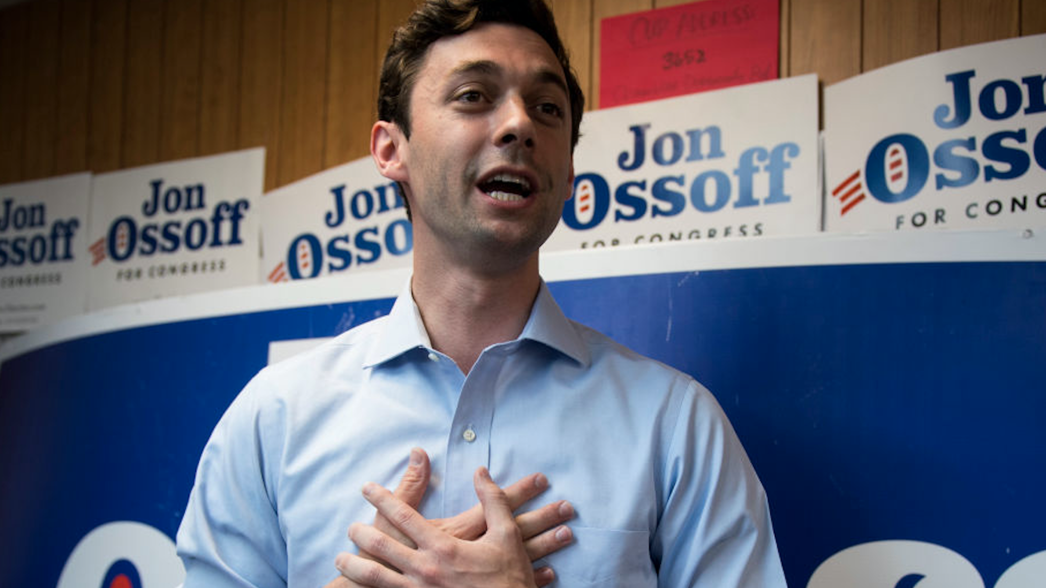 Democratic candidate for Georgia's 6th Congressional district Jon Ossoff speaks to campaign workers and volunteers at his campaign office in Chamblee, Ga., on Sunday, June 18, 2017. Ossify is facing off against Republican Karen Handel in the special election to fill the seat vacated by current HHS Secretary Tom Price will be held on Tuesday.