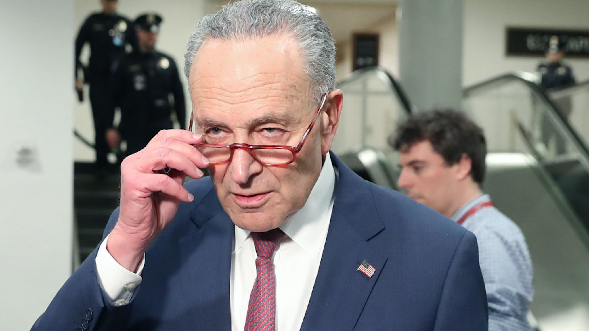 Senate Minority Leader Charles Schumer (D-NY) speaks to the media after a vote to call witnesses fails during the Senate impeachment trial of U.S. President Donald Trump, on January 31, 2020 in Washington, DC.