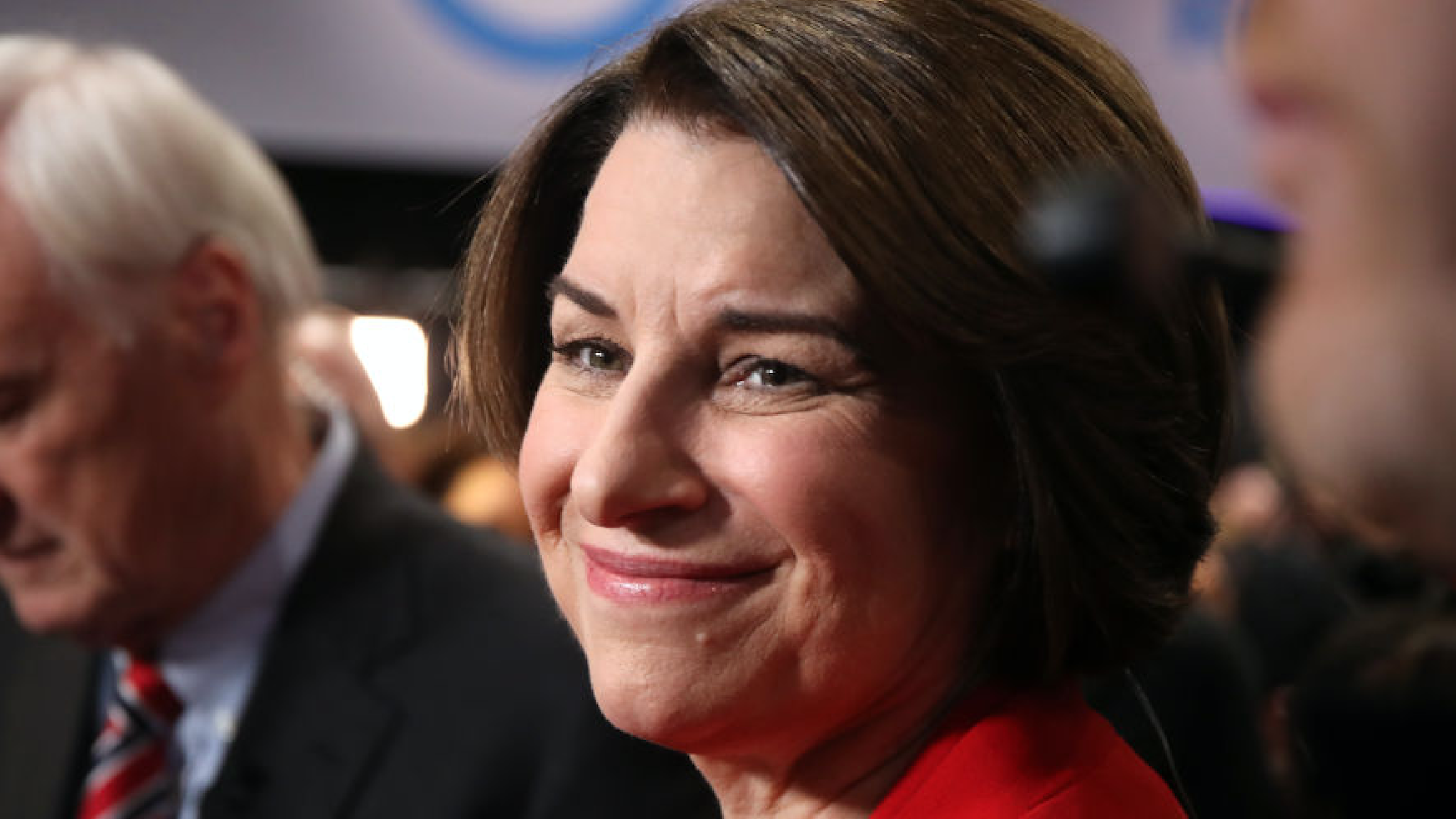 Sen. Amy Klobuchar (D-MN) prepares for television interview in spin room after the Democratic presidential primary debate at Drake University on January 14, 2020 in Des Moines, Iowa.