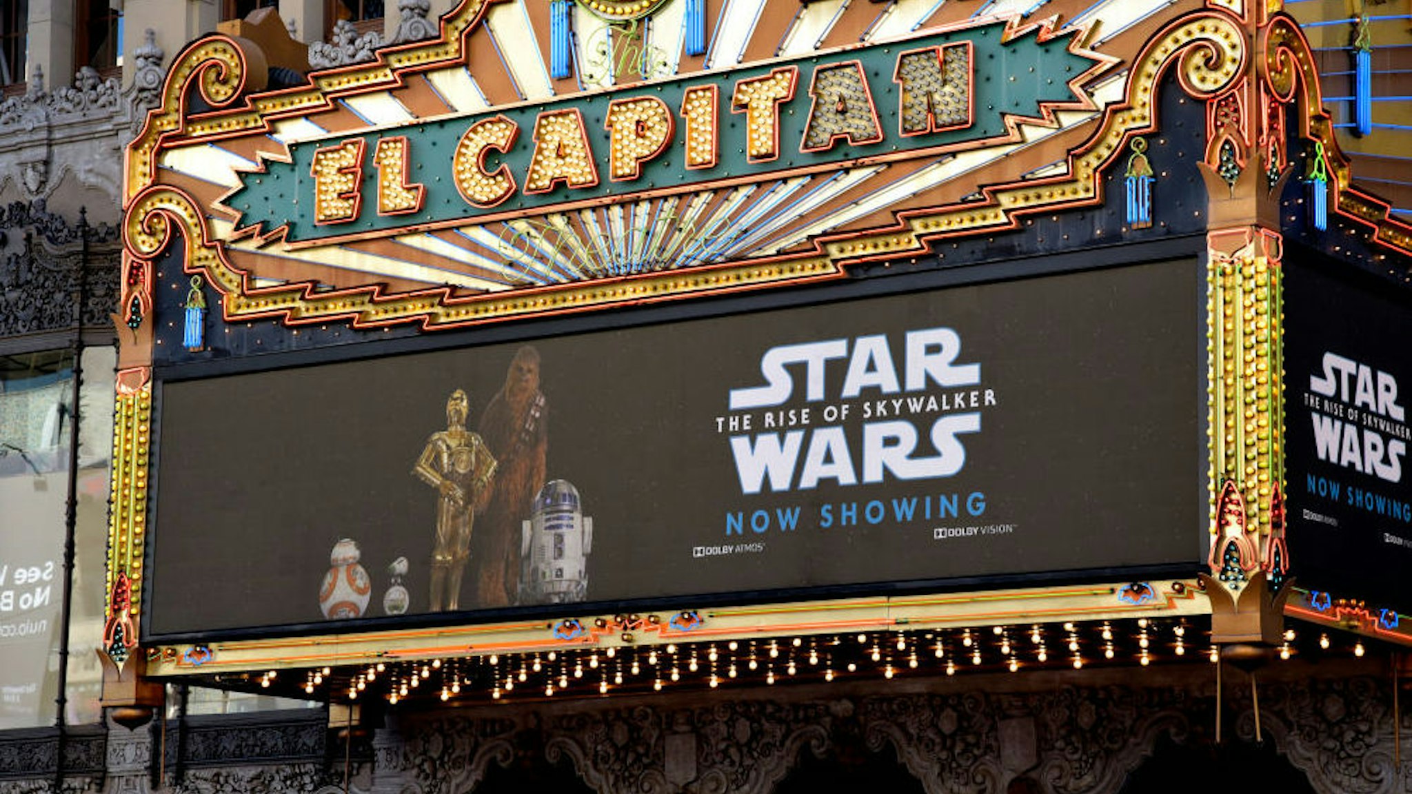 HOLLYWOOD, CALIFORNIA - DECEMBER 19: Exterior shot of the marquee of "Star Wars: The Rise Of Skywalker" at the El Capitan Theater on December 19, 2019 in Hollywood, California.