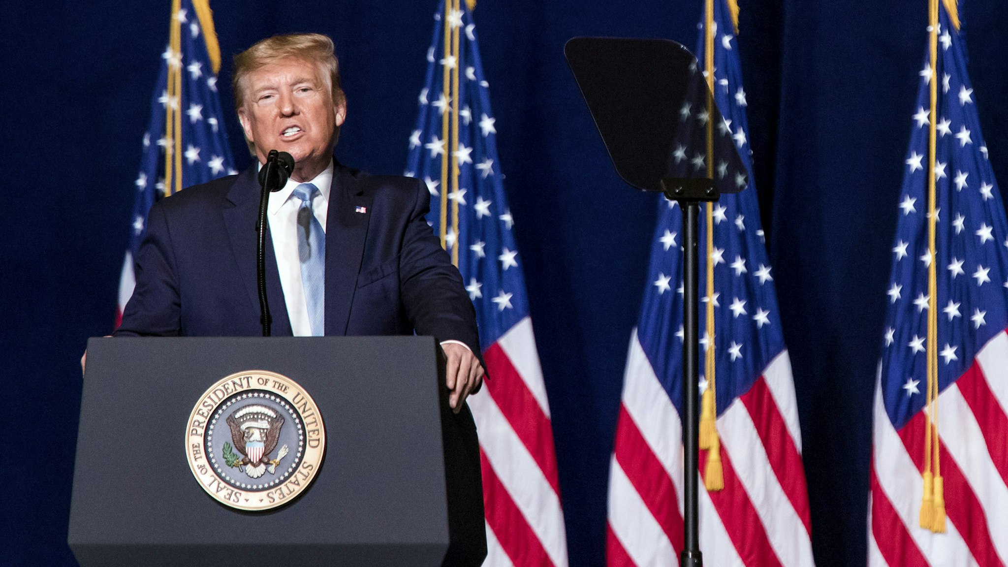MIAMI, FL - JANUARY, 3: President Donald Trump addresses the crowd at the King Jesus International Ministry during a "Evangelicals for Trump" rally in Miami, FL on Friday, Jan. 3, 2020.