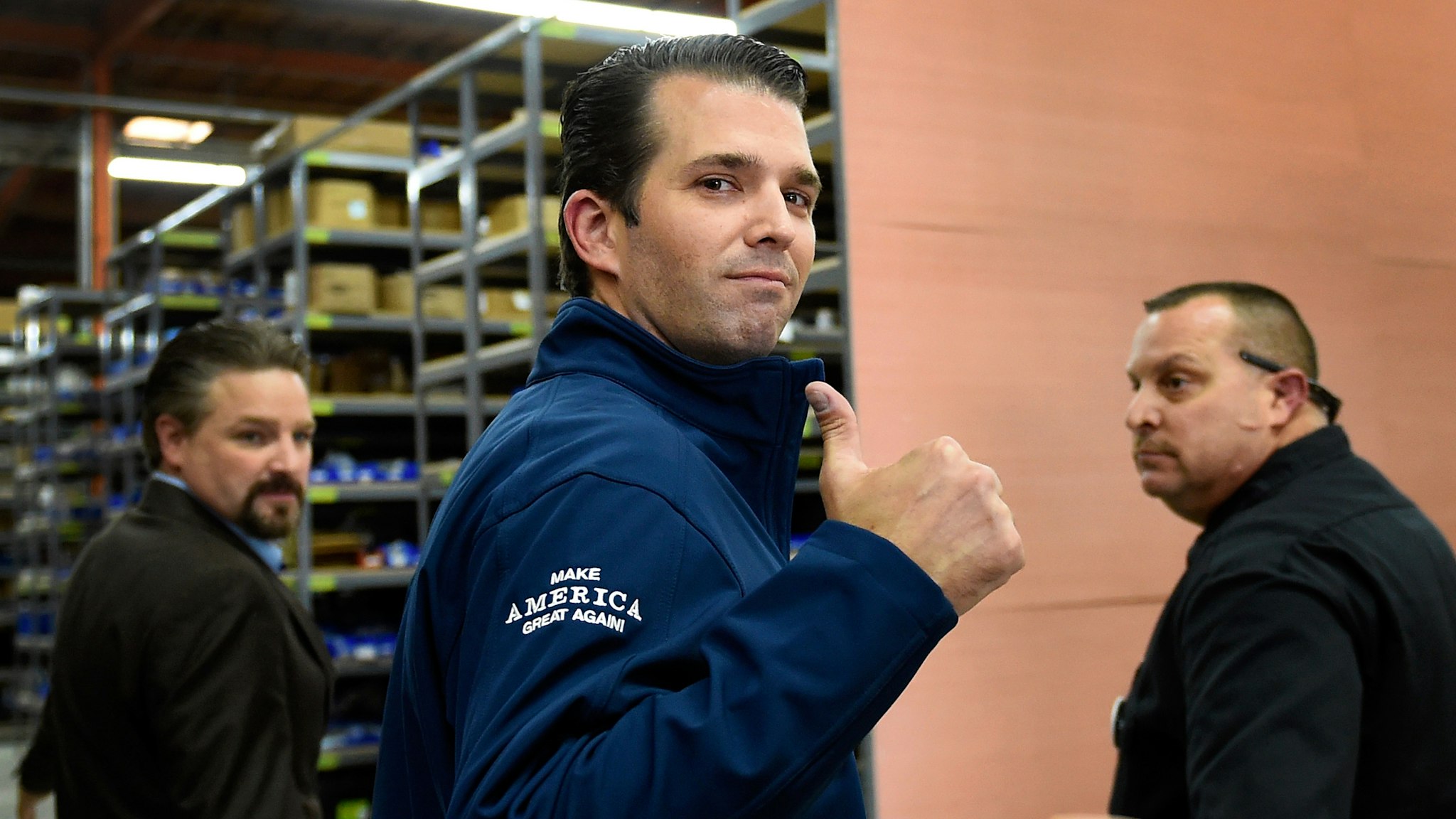 LAS VEGAS, NV - NOVEMBER 03: Donald Trump Jr. gives a thumbs-up after a get-out-the-vote rally for his father, Republican presidential nominee Donald Trump, at Ahern Manufacturing on November 3, 2016 in Las Vegas, Nevada. Trump Jr. urged people to vote for his father during early voting, which ends on November 4 in the battleground state, and on Election Day November 8.
