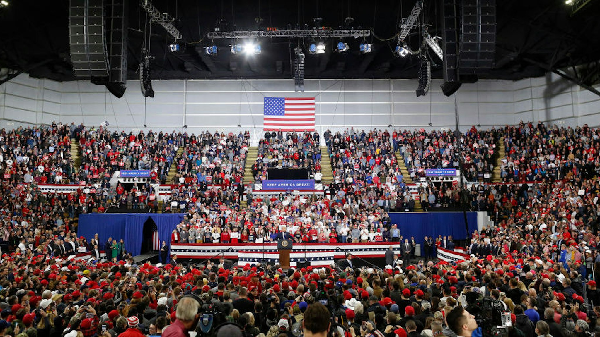 U.S. President Donald Trump speaks during a rally on January 14, 2020 at UWMilwaukee Panther Arena in Milwaukee, Wisconsin. Trump, who is the third president to face impeached, now faces an impending trial in the Senate. (Photo by Joshua Lott/Getty Images)