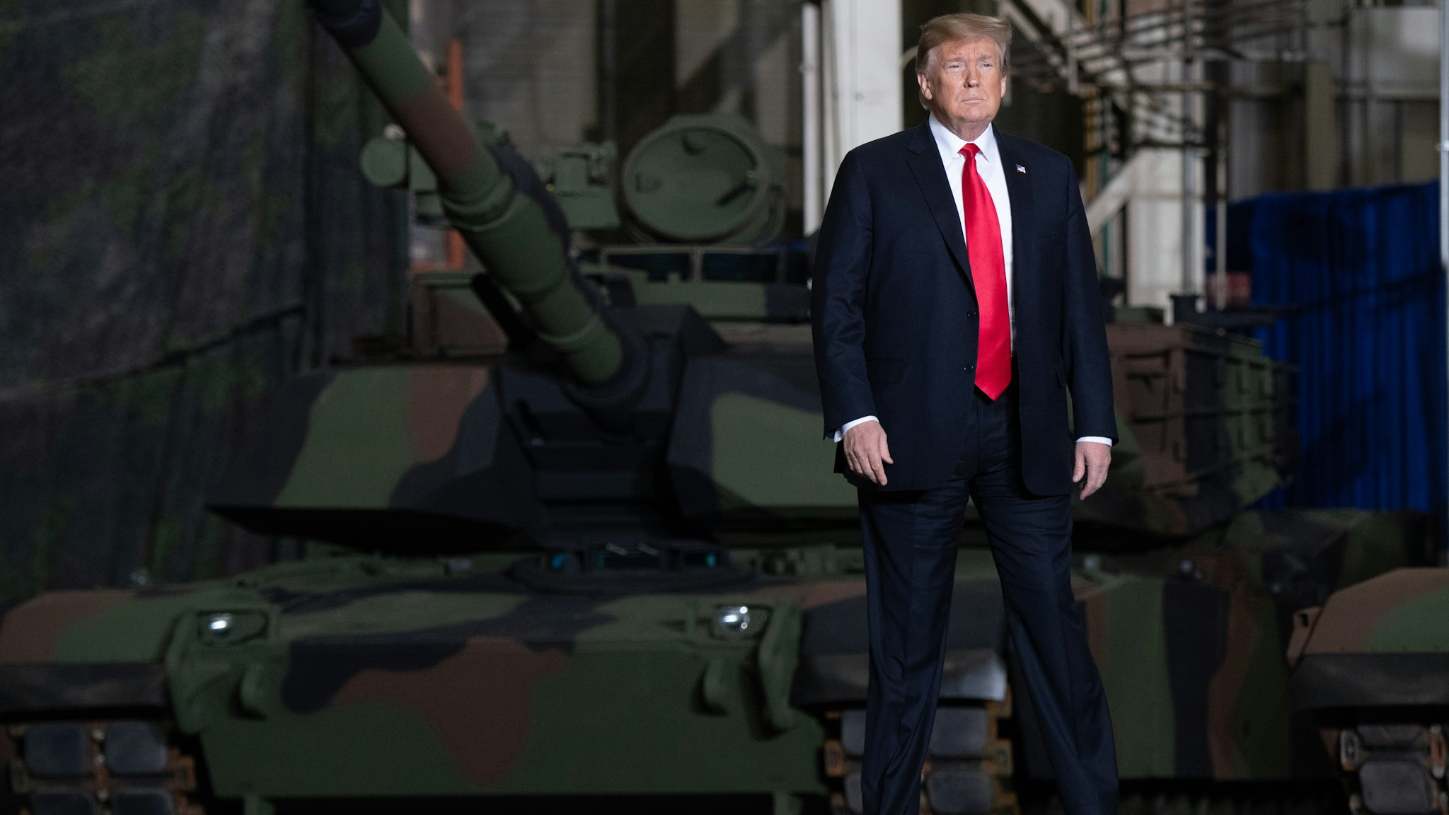 US President Donald Trump arrives to speak after touring the Lima Army Tank Plant at Joint Systems Manufacturing in Lima, Ohio, March 20, 2019.