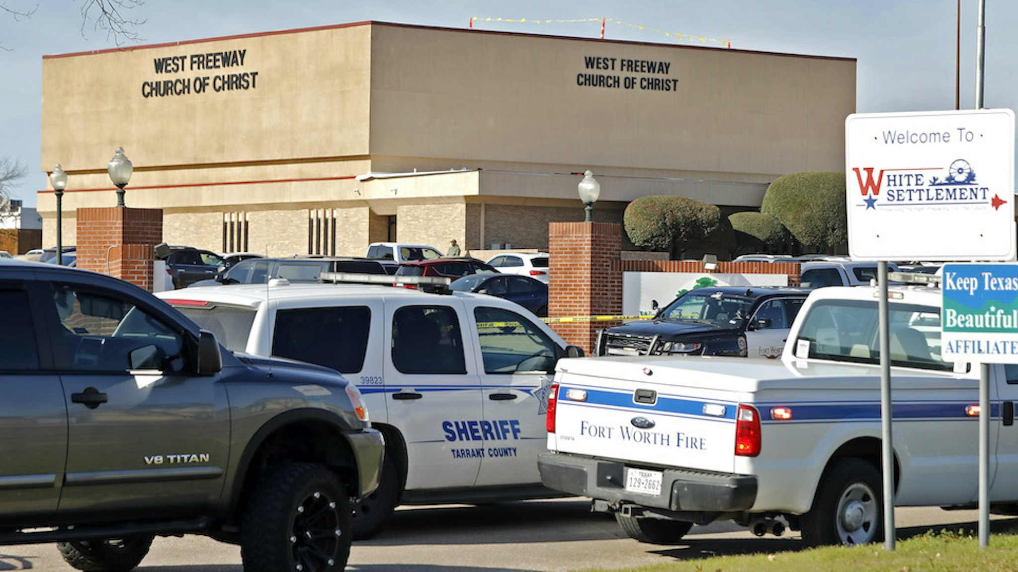 West Freeway Church of Christ where a shooting took place at the morning service on December 29, 2019 in White Settlement, Texas. The shooter was killed by armed members of the church after opening fire during Sunday services and shooting two other people. (Photo by Stewart F. House/Getty Images)