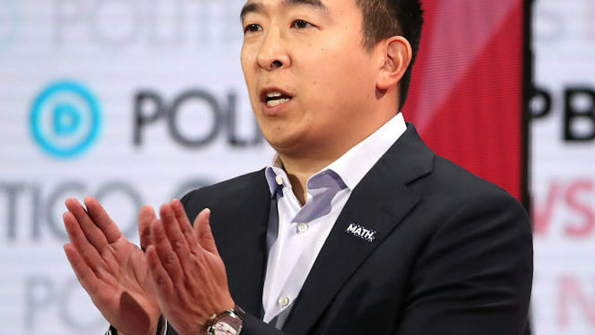 LOS ANGELES, CALIFORNIA - DECEMBER 19: Democratic presidential candidate former tech executive Andrew Yang speaks during the Democratic presidential primary debate at Loyola Marymount University on December 19, 2019 in Los Angeles, California. Seven candidates out of the crowded field qualified for the 6th and last Democratic presidential primary debate of 2019 hosted by PBS NewsHour and Politico.