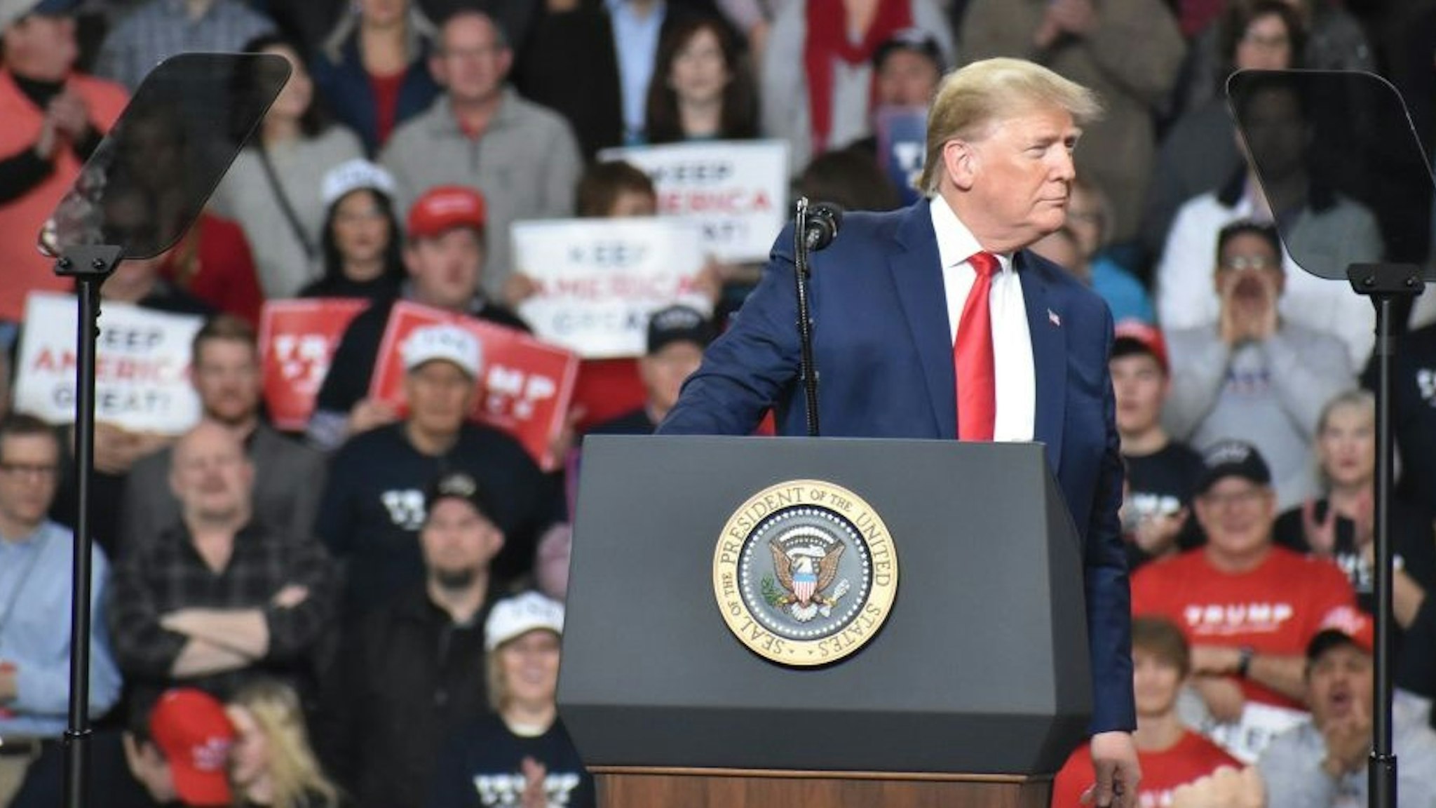 U.S. President Donald Trump speaks during Keep America Great Rally at Huntington Center in Toledo, Ohio, United States on January 09, 2020.