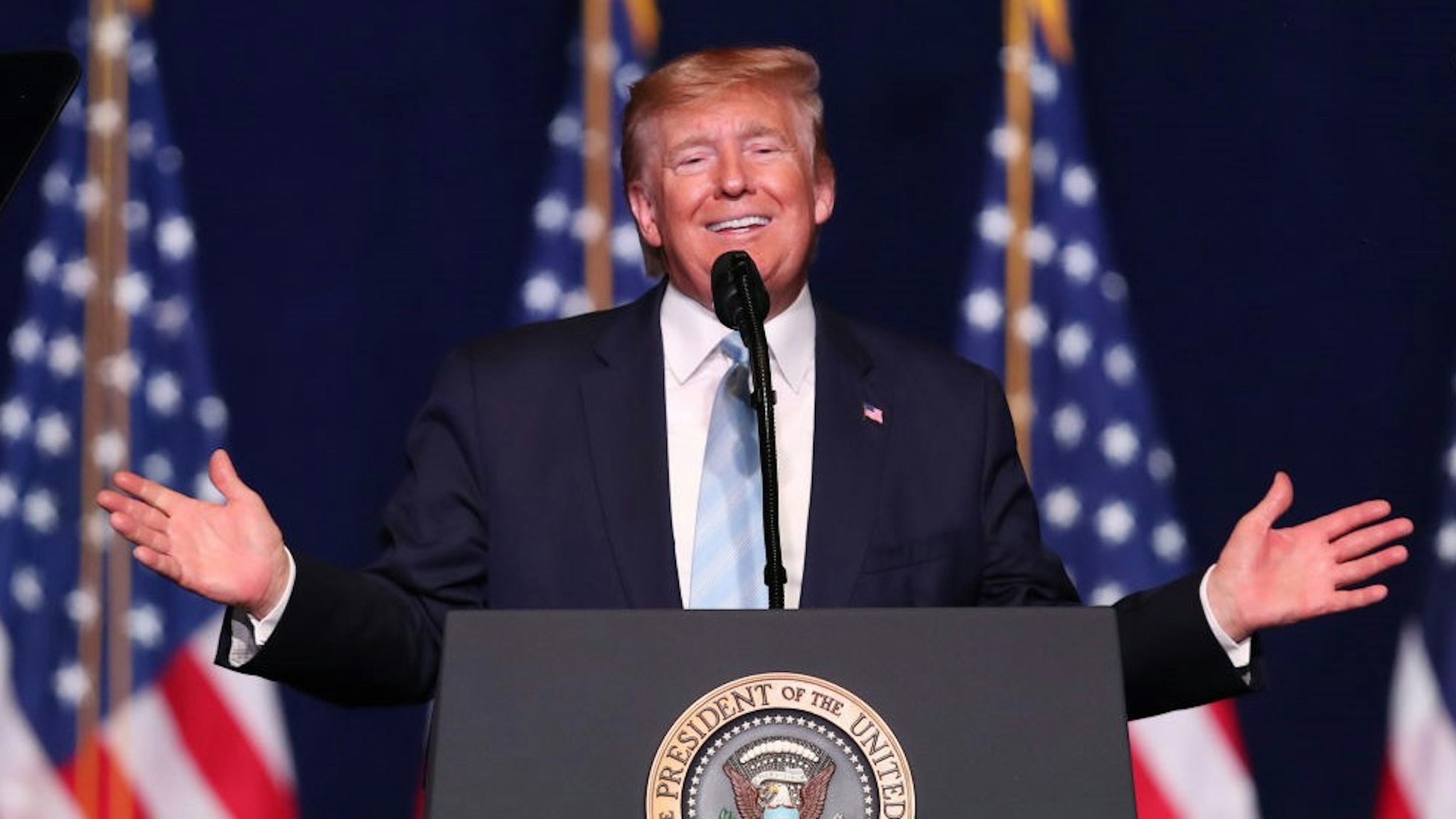 President Donald Trump speaks during a 'Evangelicals for Trump' campaign event held at the King Jesus International Ministry on January 03, 2020 in Miami, Florida. The rally was announced after a December editorial published in Christianity Today called for the President Trump's removal from office.
