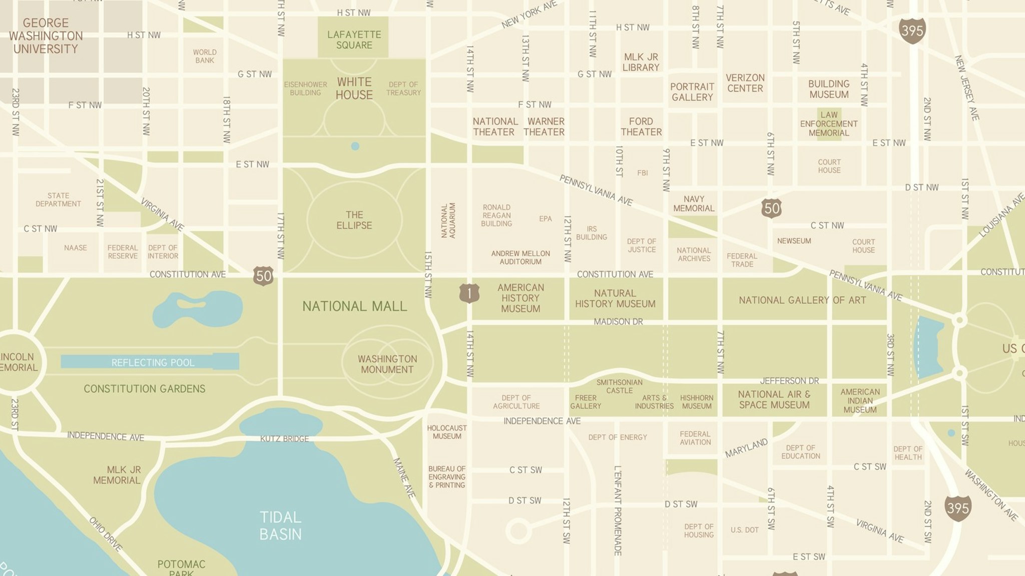 A map of downtown Washington, D.C., including streets, water and points of interest – from museums and memorials to federal buildings. All elements are on separate layers. Includes a CS5 file and an extra-large JPG.