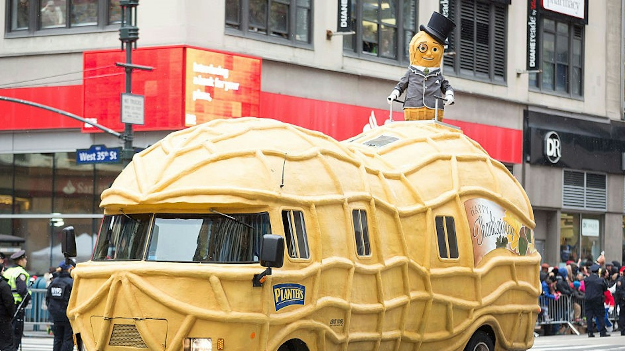 NEW YORK, NY - NOVEMBER 27: Planters Mr. Peanut attends the 88th Annual Macy's Thanksgiving Day Parade outside Macy's Department Store in Herald Square on November 27, 2014 in New York City. (Photo by