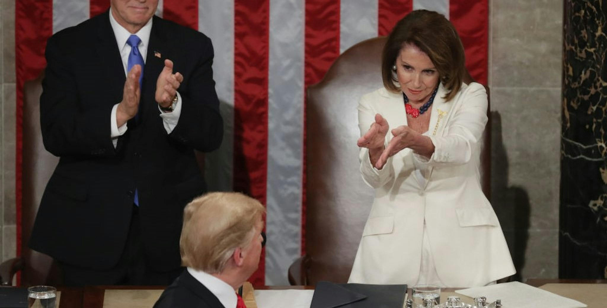 Vice President Mike Pence and Speaker Nancy Pelosi greet President Donald Trump just ahead of the State of the Union address in the chamber of the U.S. House of Representatives at the U.S. Capitol Building on February 5, 2019 in Washington, DC. President Trump's second State of the Union address was postponed one week due to the partial government shutdown.