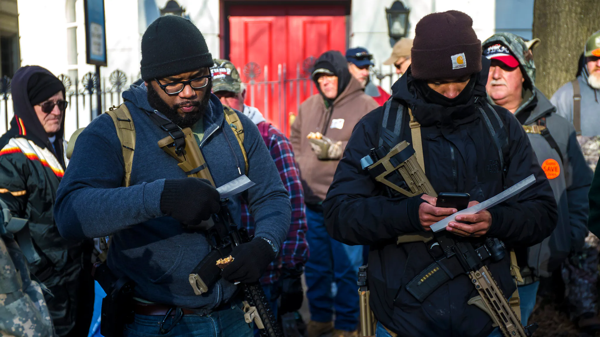 Gun Rights Advocates From Across U.S. Rally In Virginia’s Capital Against Gun Control Legislation RICHMOND, VA - JANUARY 20: Gun rights advocates attend a rally organized by The Virginia Citizens Defense League on Capitol Square near the state capitol building on January 20, 2020 in Richmond, Virginia. During elections last year, Virginia Governor Ralph Northam promised to enact sweeping gun control laws in 2020, including limiting handgun purchase to one per month, banning military-style weapons and silencers, allowing localities to ban guns in public spaces and enacting a 'red flag' law so authorities can temporarily seize weapons from someone deemed a threat. While event organizers have asked supporters to show up un-armed, militias and other far-right groups from across the country plan to attend the rally and show their support for gun rights.