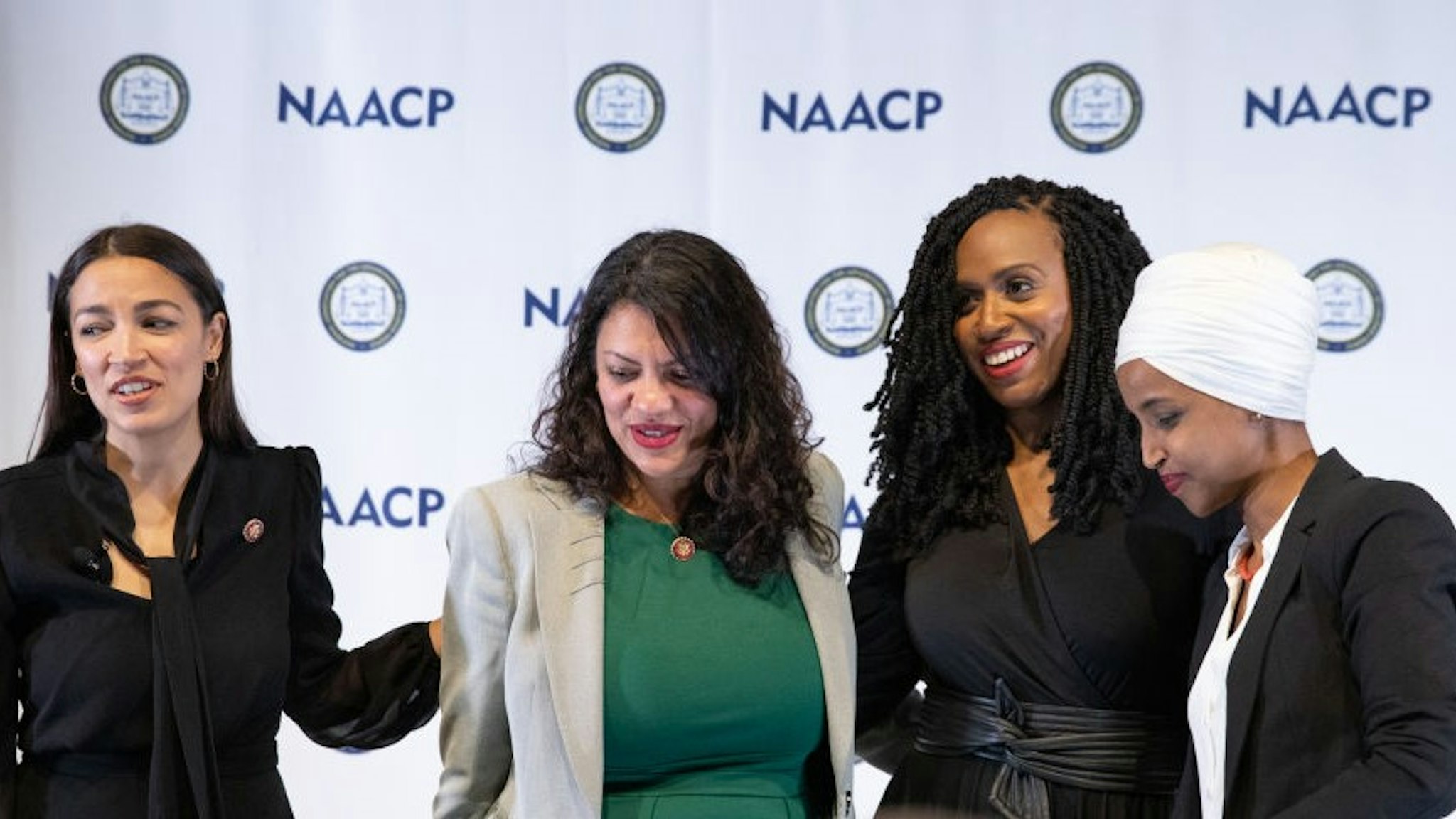 L-R: U.S. House of Representatives: Alexandria Ocasio-Cortez, Rashida Tlaib, Ayanna Pressley, and Ilhan Omar, after the NAACP town hall during the Congressional Black Caucus Foundations (CBCF) 49th Annual Legislative Conference (ALC), addressing the 2020 census, voting rights, and the upcoming presidential election. The town hall took place at the Walter E. Washington Convention Center in Washington, D.C., on Wednesday, September 11, 2019.