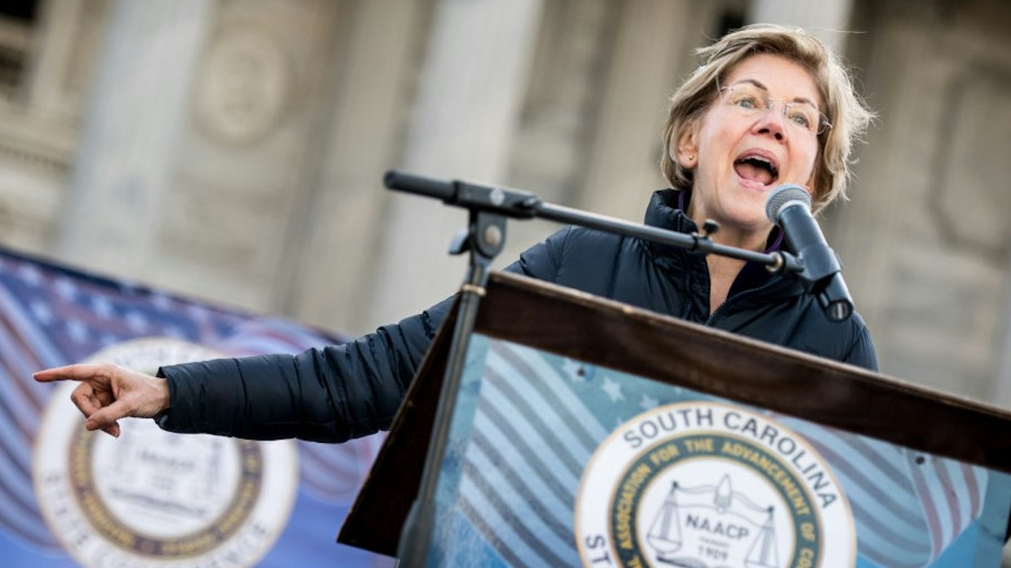COLUMBIA, SC - JANUARY 20: Democratic presidential candidate Sen. Elizabeth Warren (D-MA) speaks to the crowd during the King Day at the Dome rally on January 20, 2020 in Columbia, South Carolina. The event, first held in 2000 in opposition to the display of the Confederate battle flag at the statehouse, attracted more than a handful Democratic presidential candidates looking for votes in the early primary state. (Photo by