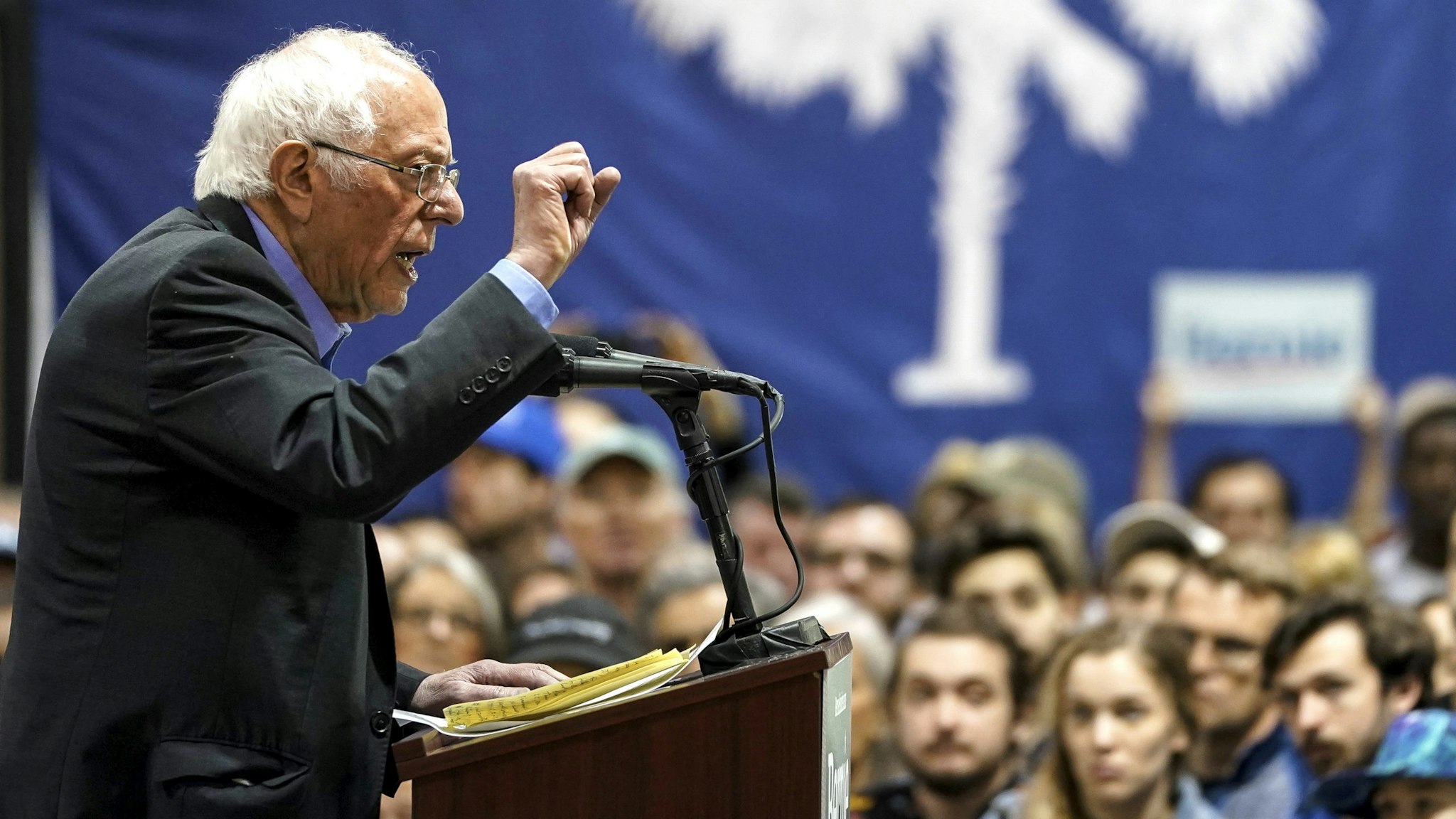 NORTH CHARLESTON, SC - FEBRUARY 26: Democratic presidential candidate Sen. Bernie Sanders (I-VT) speaks during a campaign rally at the Charleston Area Convention Center on February 26, 2020 in North Charleston, South Carolina. South Carolina holds its Democratic presidential primary on Saturday, February 29.