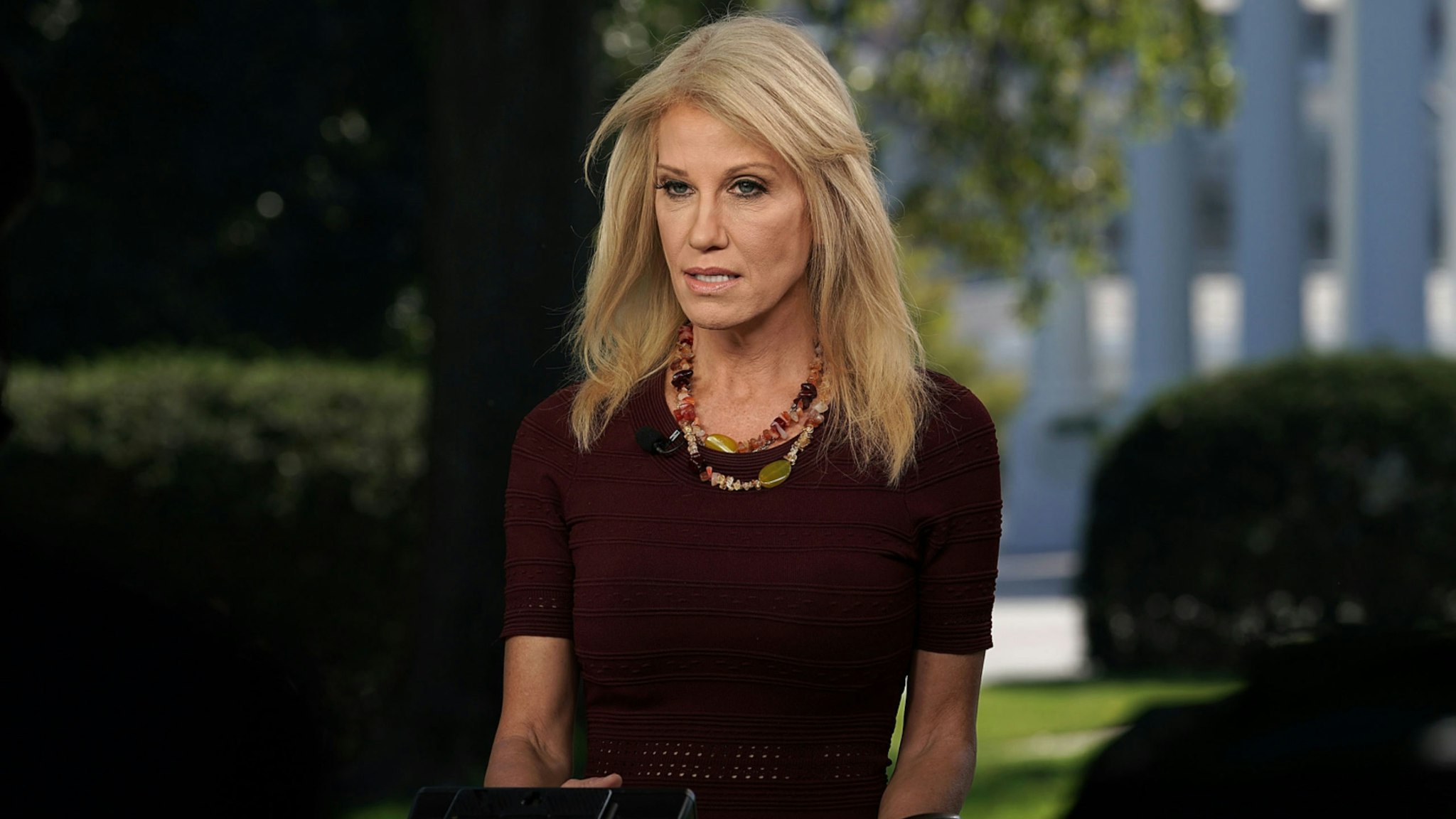 Counselor to U.S. President Donald Trump Kellyanne Conway participates in a TV interview October 3, 2018 at the White House in Washington, DC.