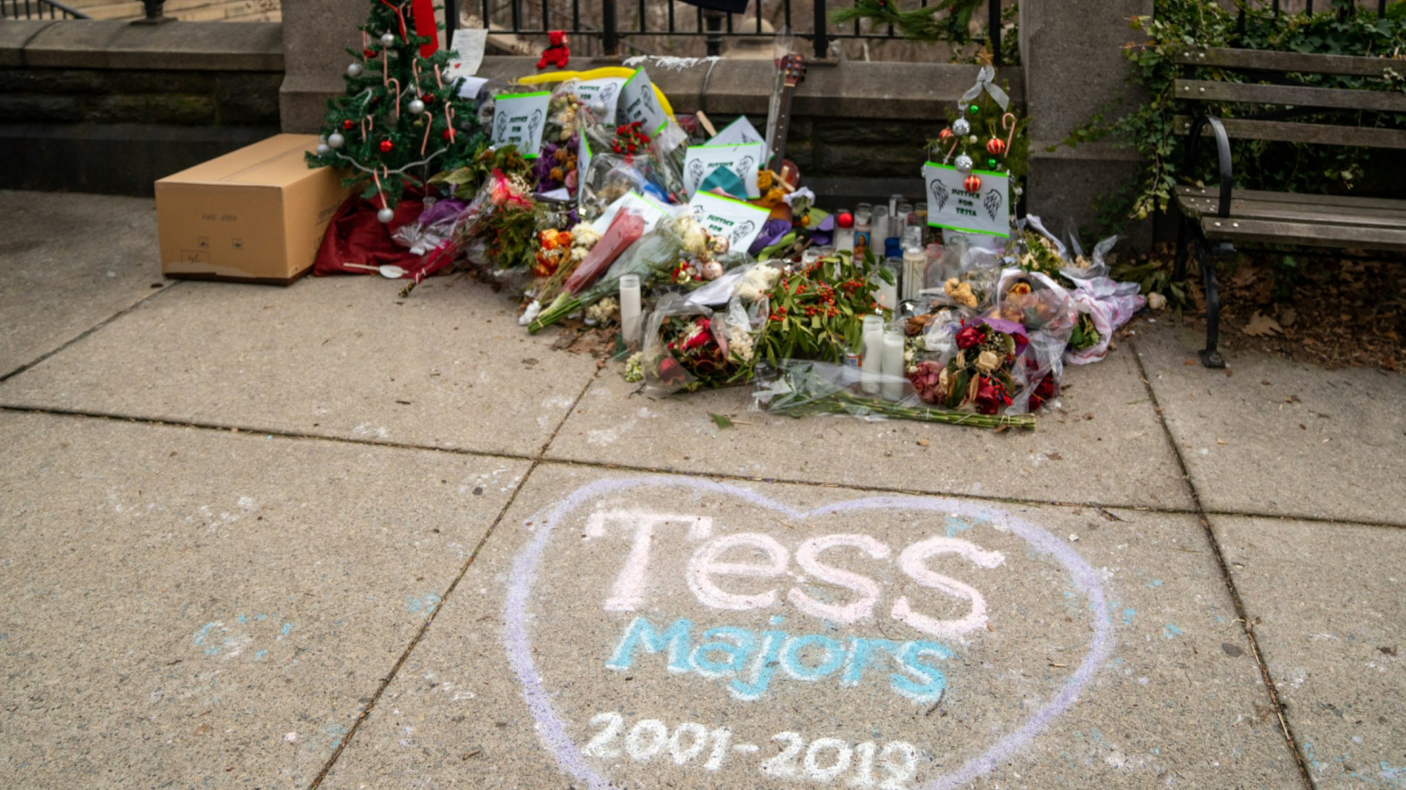 A makeshift memorial stands for 18-year-old Barnard College freshman Tessa Majors in Morningside Park on December 26, 2019 in New York City.
