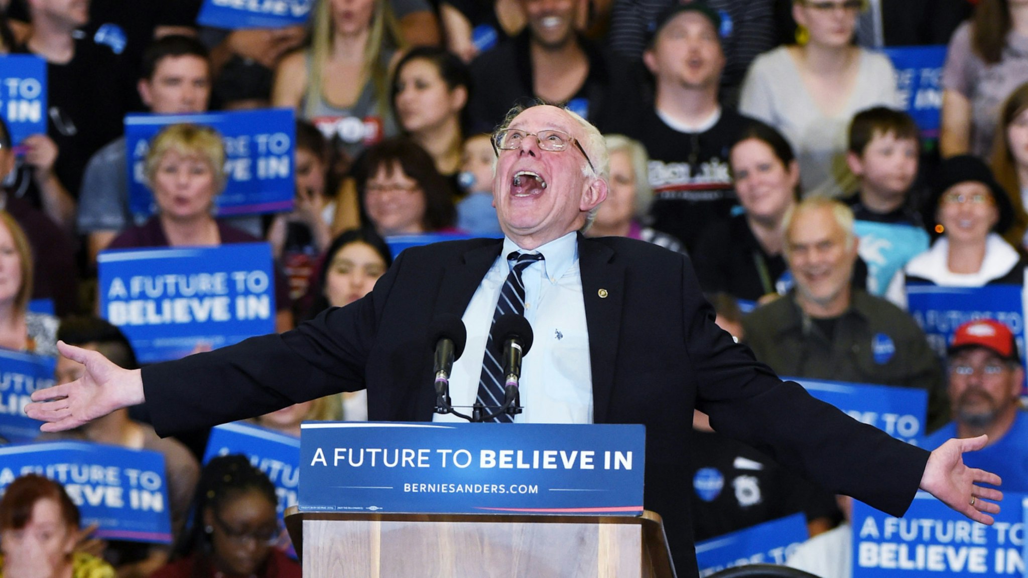 Democratic presidential candidate Sen. Bernie Sanders (D-VT) jokes around as he speaks during a campaign rally at Bonanza High School on February 14, 2016 in Las Vegas, Nevada.