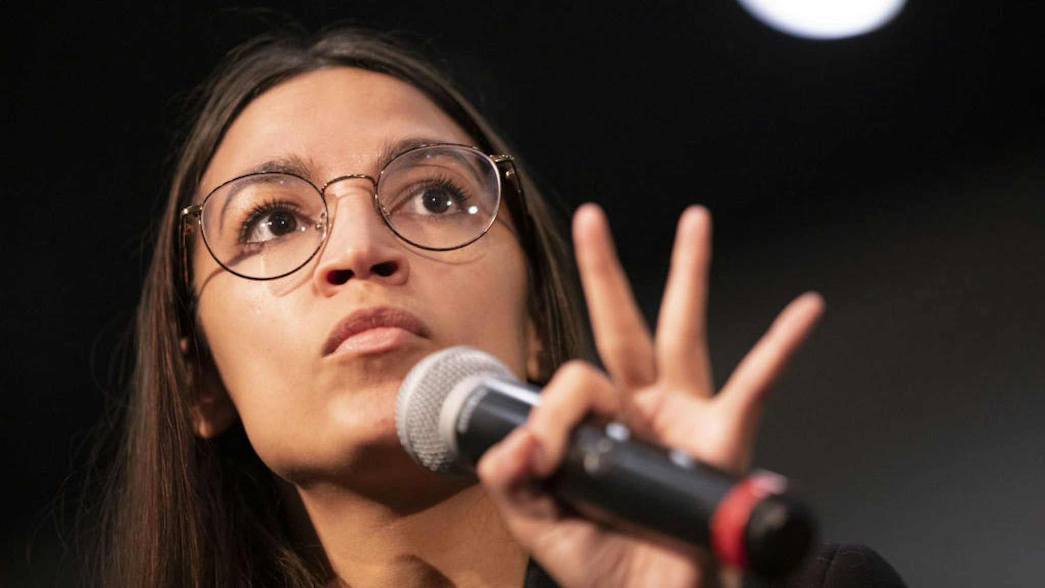 U.S. Representative Alexandria Ocasio-Cortez, a democrat from New York, speaks during a campaign rally for Senator Bernie Sanders, an independent from Vermont and 2020 presidential candidate, not pictured, in Sioux City, Iowa, U.S., on Sunday, Jan. 26, 2020. New polls showed the unsettled state of the Democratic primary days before the first voters weigh in at the Iowa caucuses, with front-runner status still unclear. Photographer: Daniel Acker/Bloomberg
