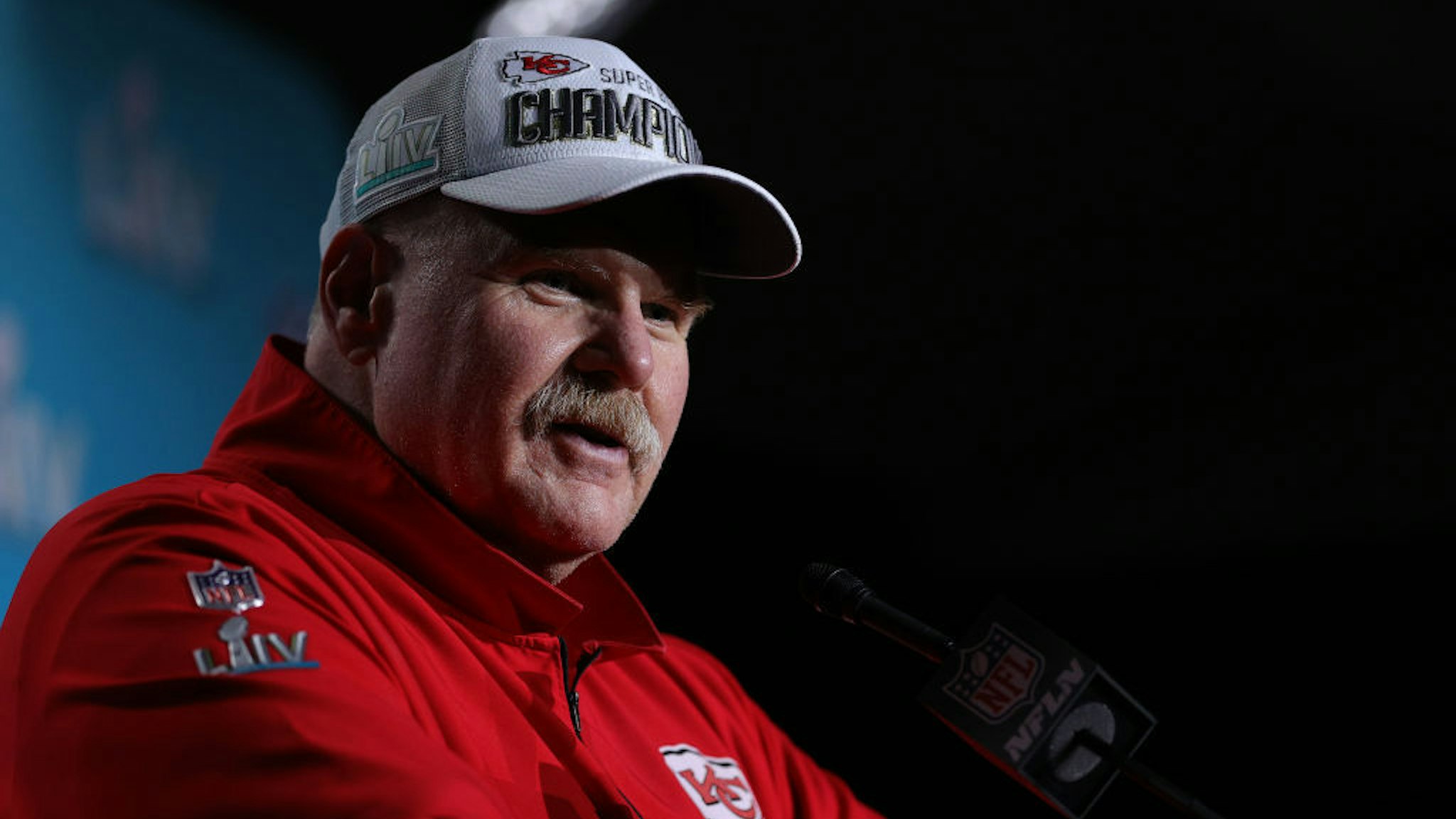 Head coach Andy Reid of the Kansas City Chiefs talks to press after defeating San Francisco 49ers by 31 - 20 in Super Bowl LIV at Hard Rock Stadium on February 02, 2020 in Miami, Florida. (Photo by Maddie Meyer/Getty Images)
