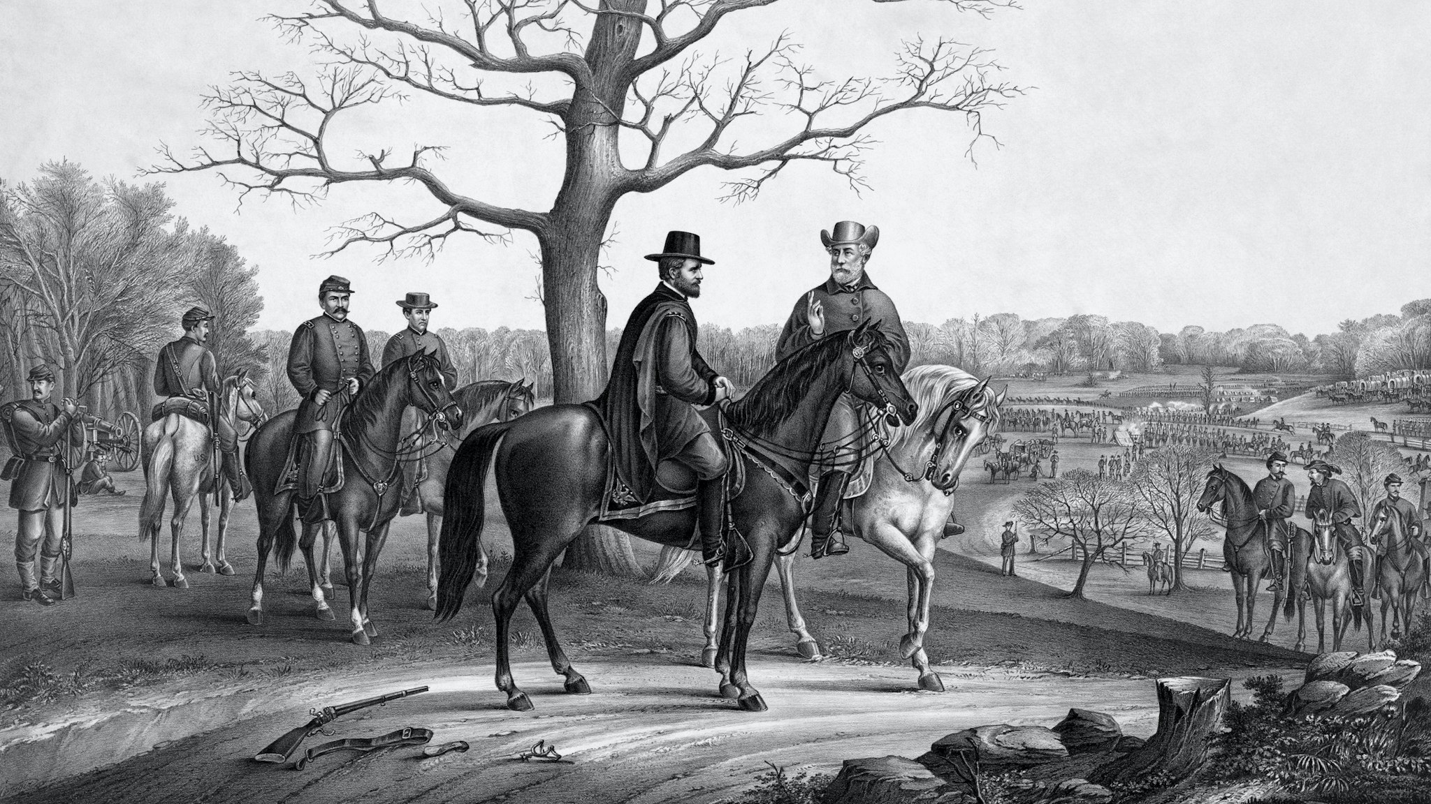 Vintage Civil War print of Generals Robert E. Lee and Ulysses S. Grant, planning the surrender of Lee's Confederate Army, surrounded by troops on horseback. It also includes a small image of The McLean House, where the official surrender was signed.