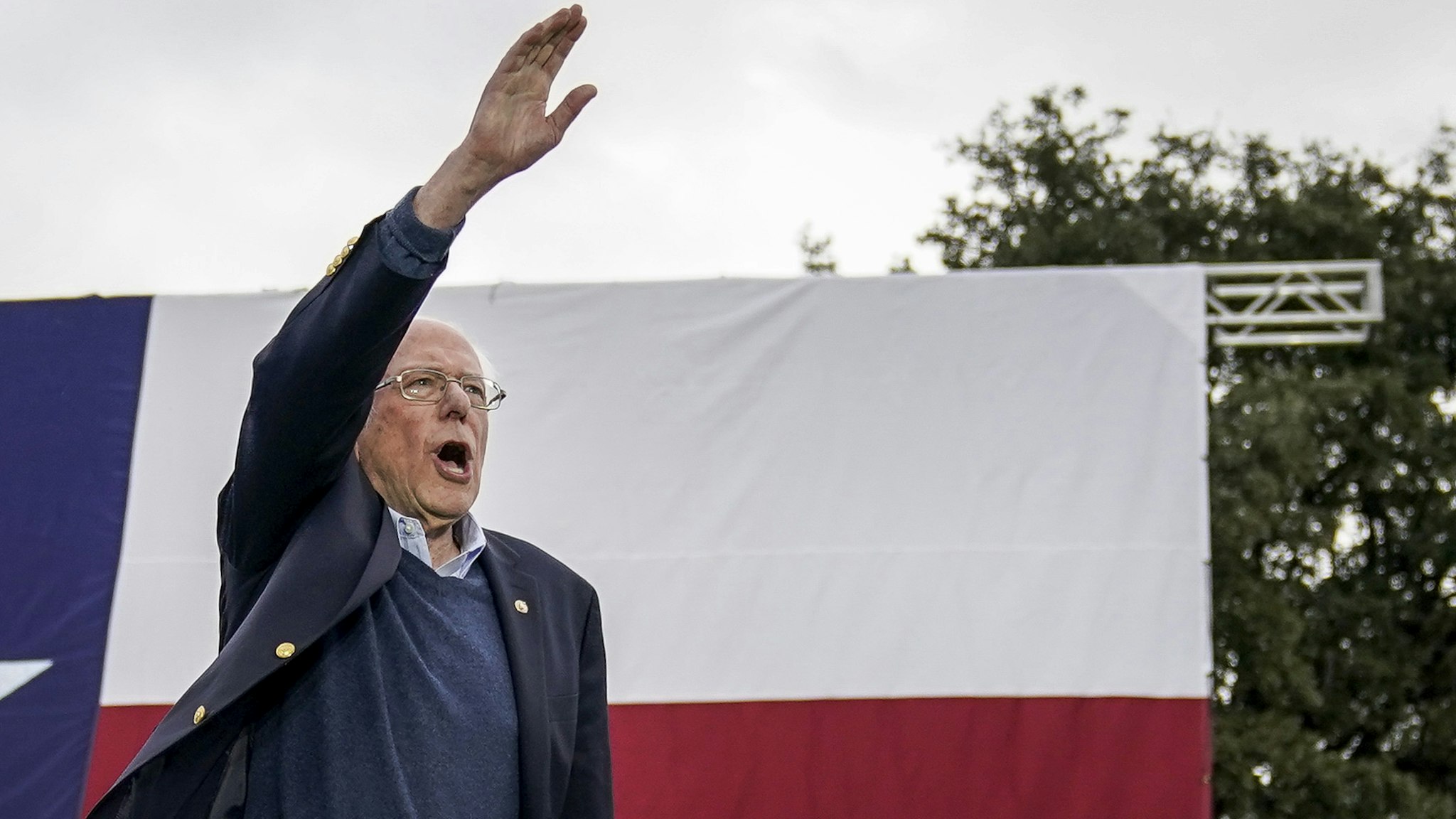 AUSTIN, TX - FEBRUARY 23: Democratic presidential candidate Sen. Bernie Sanders (I-VT) waves as he arrives onstage for a campaign rally at Vic Mathias Shores Park on February 23, 2020 in Austin, Texas. With early voting underway in Texas, Sanders is holding four rallies in the delegate-rich state this weekend before traveling on to South Carolina. Texas holds their primary on Super Tuesday March 3rd, along with over a dozen other states.